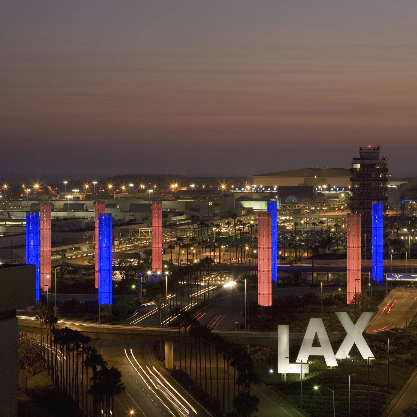 LAX, dusk, glowing blue and pink pillars, HD Desktop Wallpaper