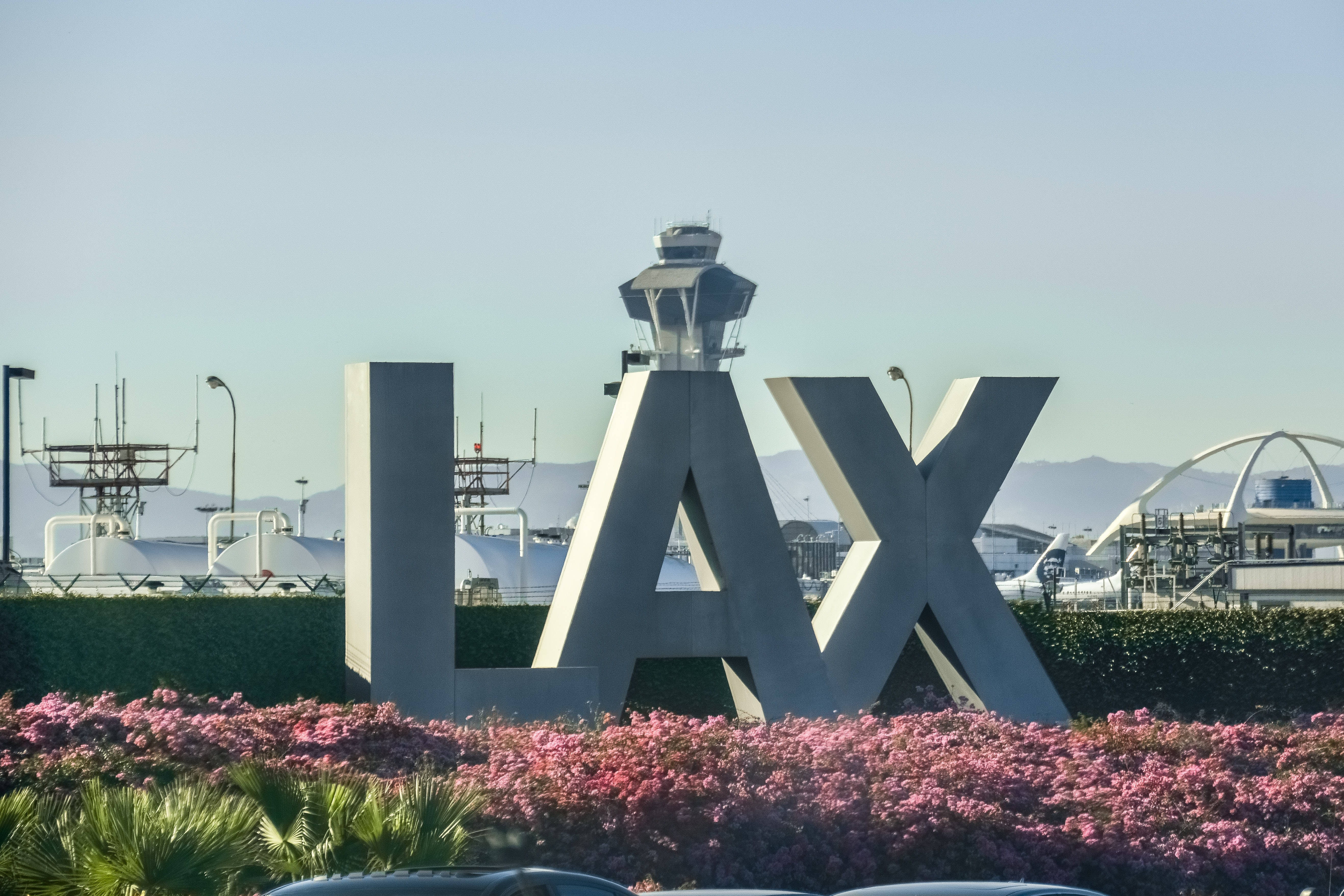 LAX, control tower, pink flowering bushes, 5K Desktop Wallpaper
