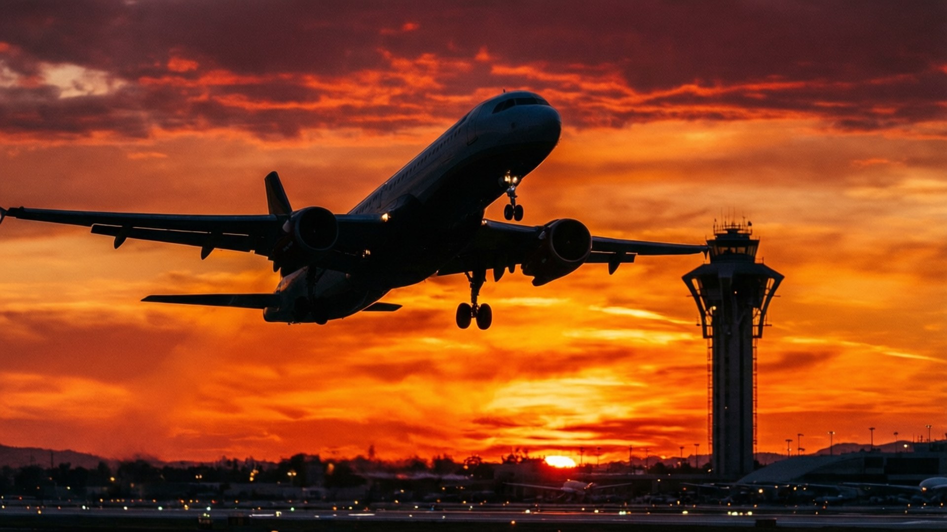 LAX, sunset, plane takeoff, Full HD Desktop Wallpaper