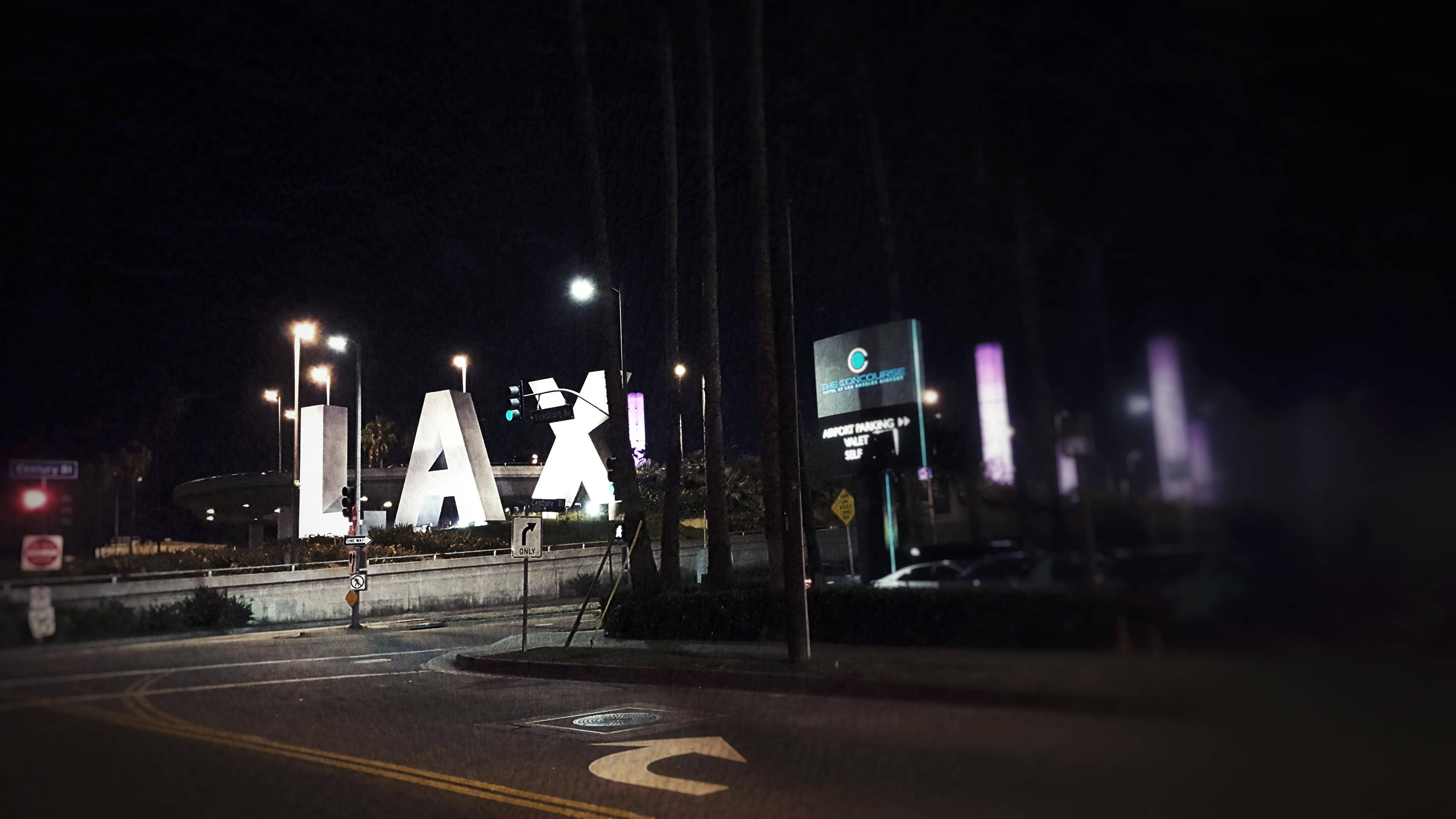 LAX, nighttime, illuminated sign, 4K Desktop Wallpaper