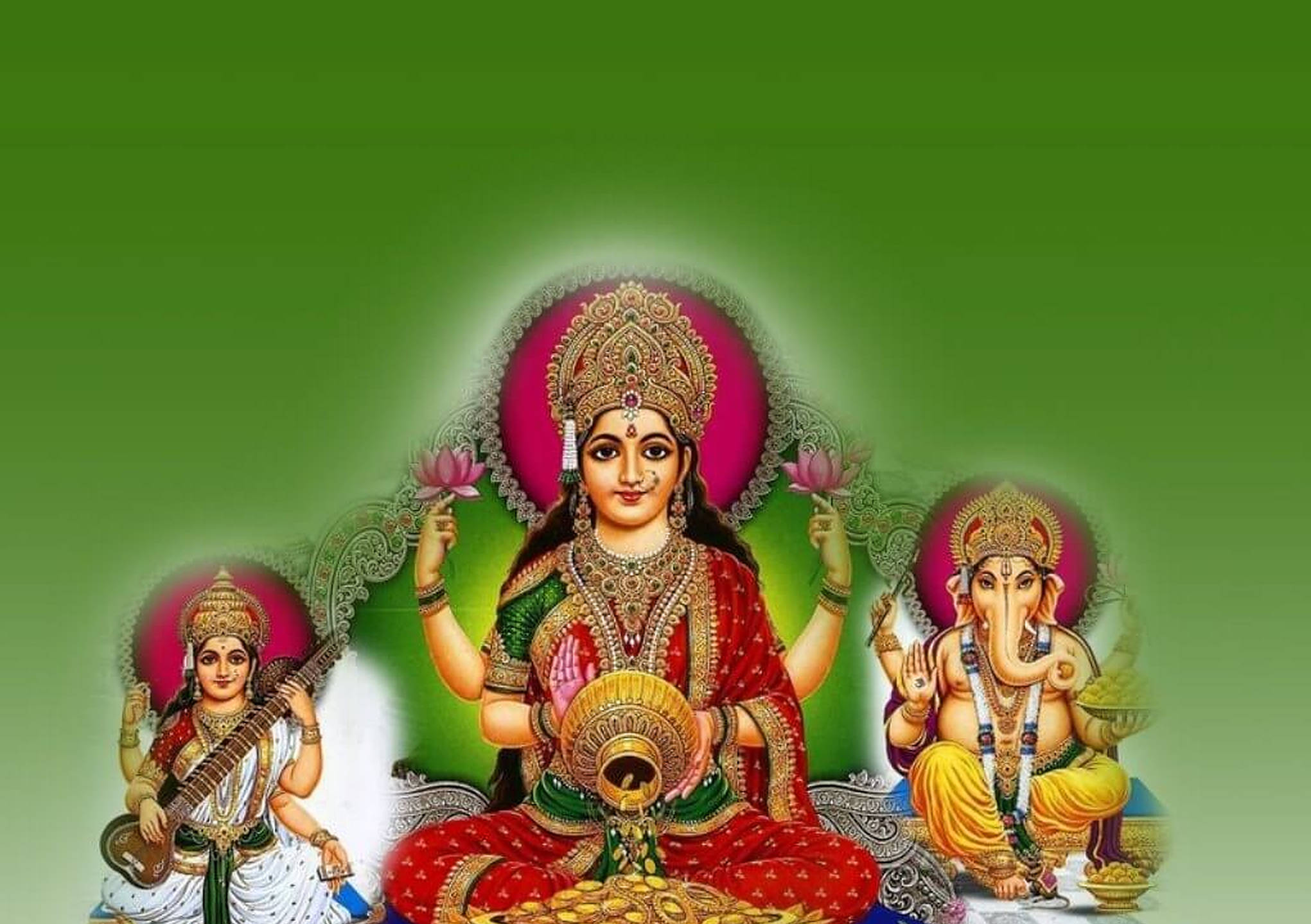 Laxmi Ganesh Saraswati, vibrant jewelry, traditional attire, Full HD Desktop Wallpaper