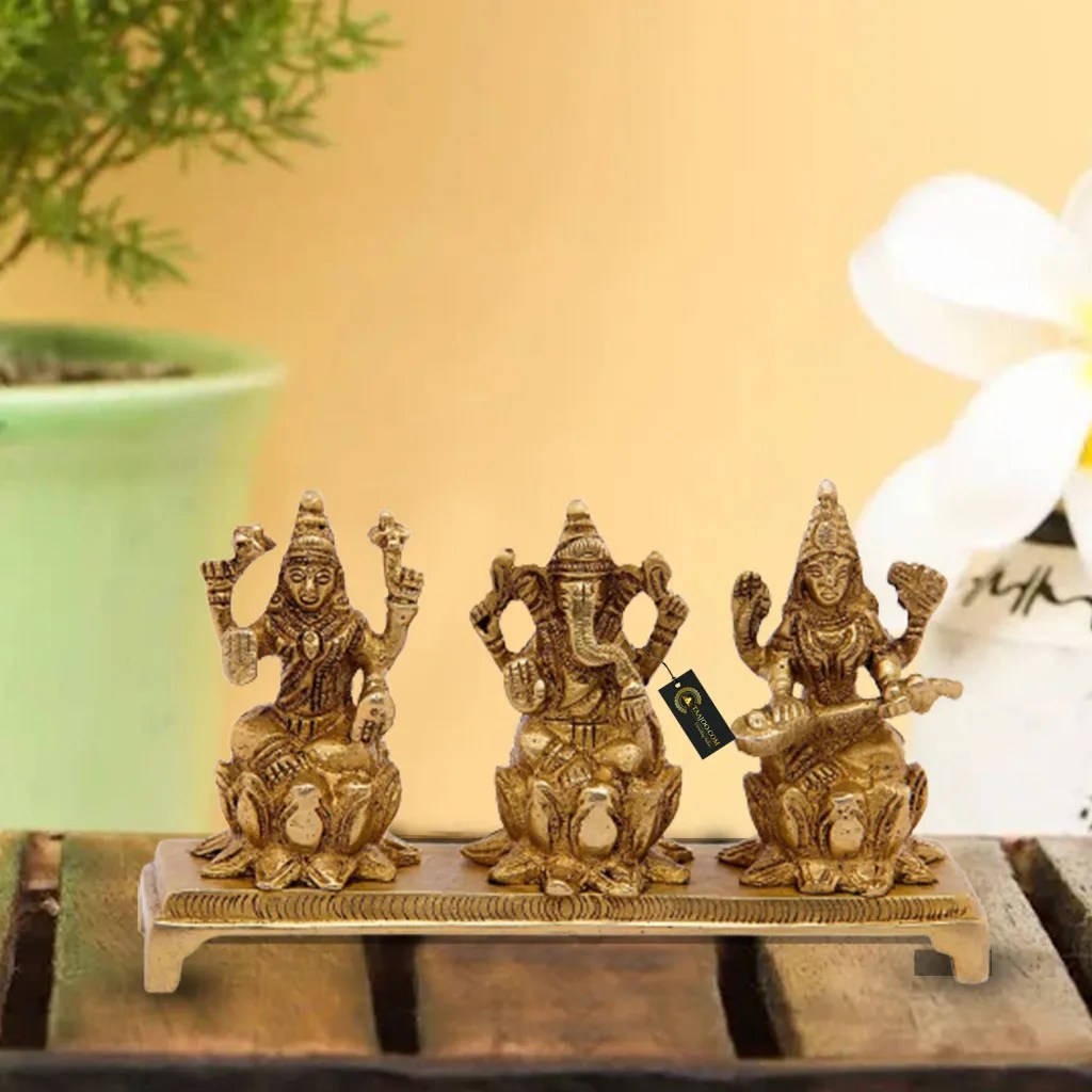 Laxmi Ganesh Saraswati, golden, Hindu deity statues, SD Desktop Wallpaper
