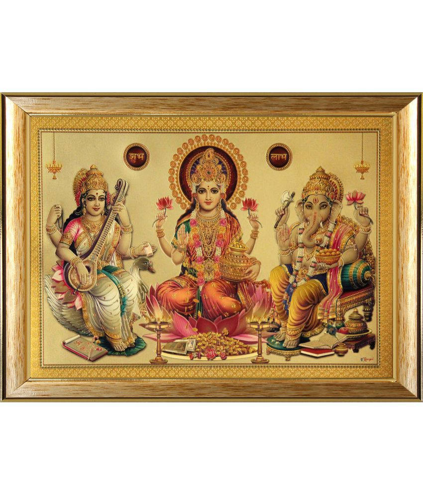 Laxmi Ganesh Saraswati, golden rack, vibrant gold attire, SD Phone Wallpaper