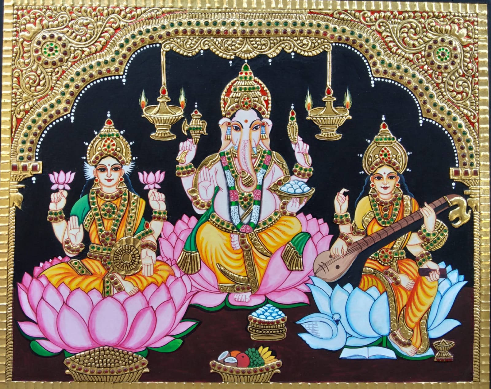 Laxmi Ganesh Saraswati, golden frame, pink lotuses, HD Desktop Wallpaper