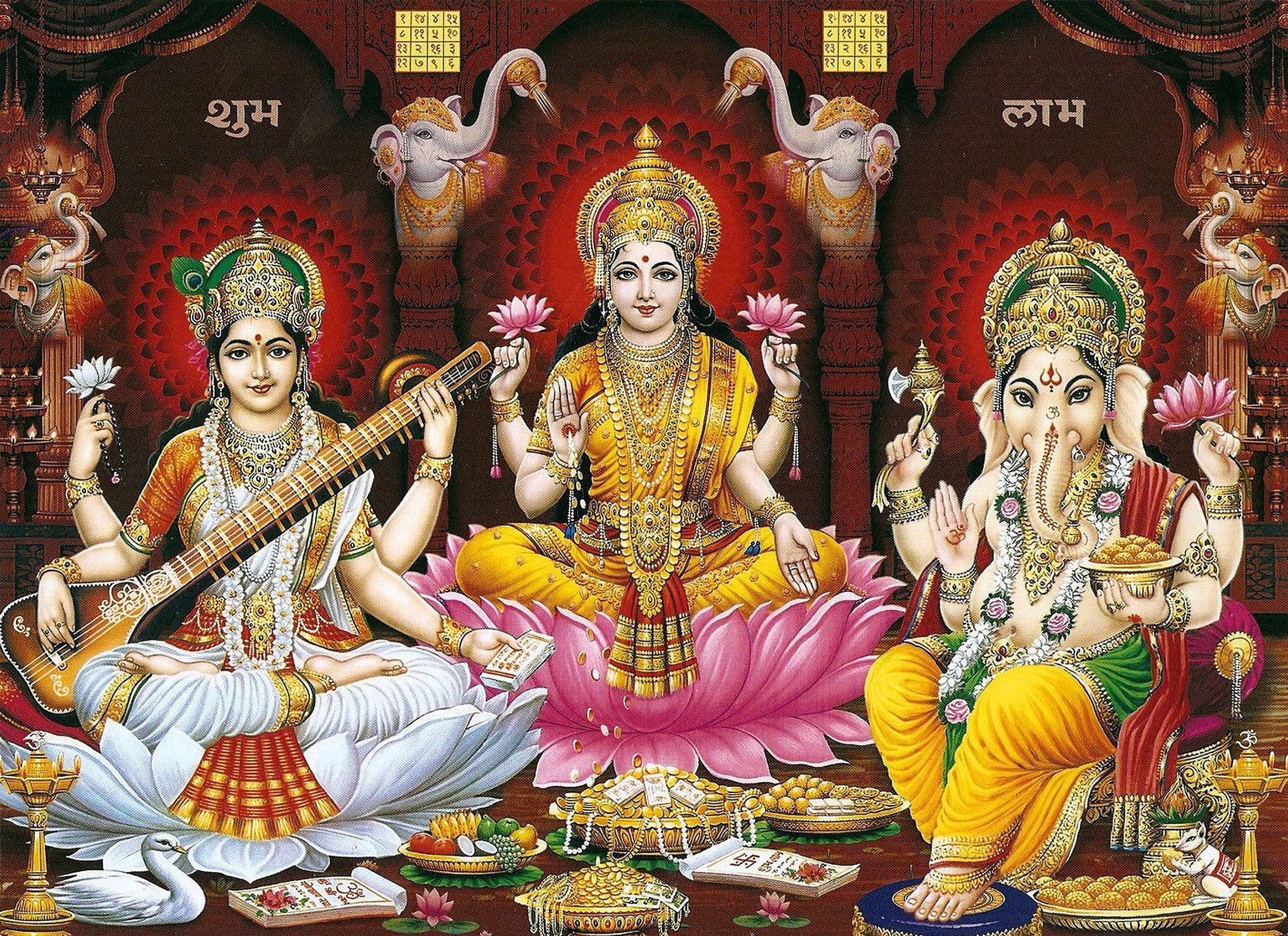 Laxmi Ganesh Saraswati, lotuses, jewels, 2K Desktop Wallpaper