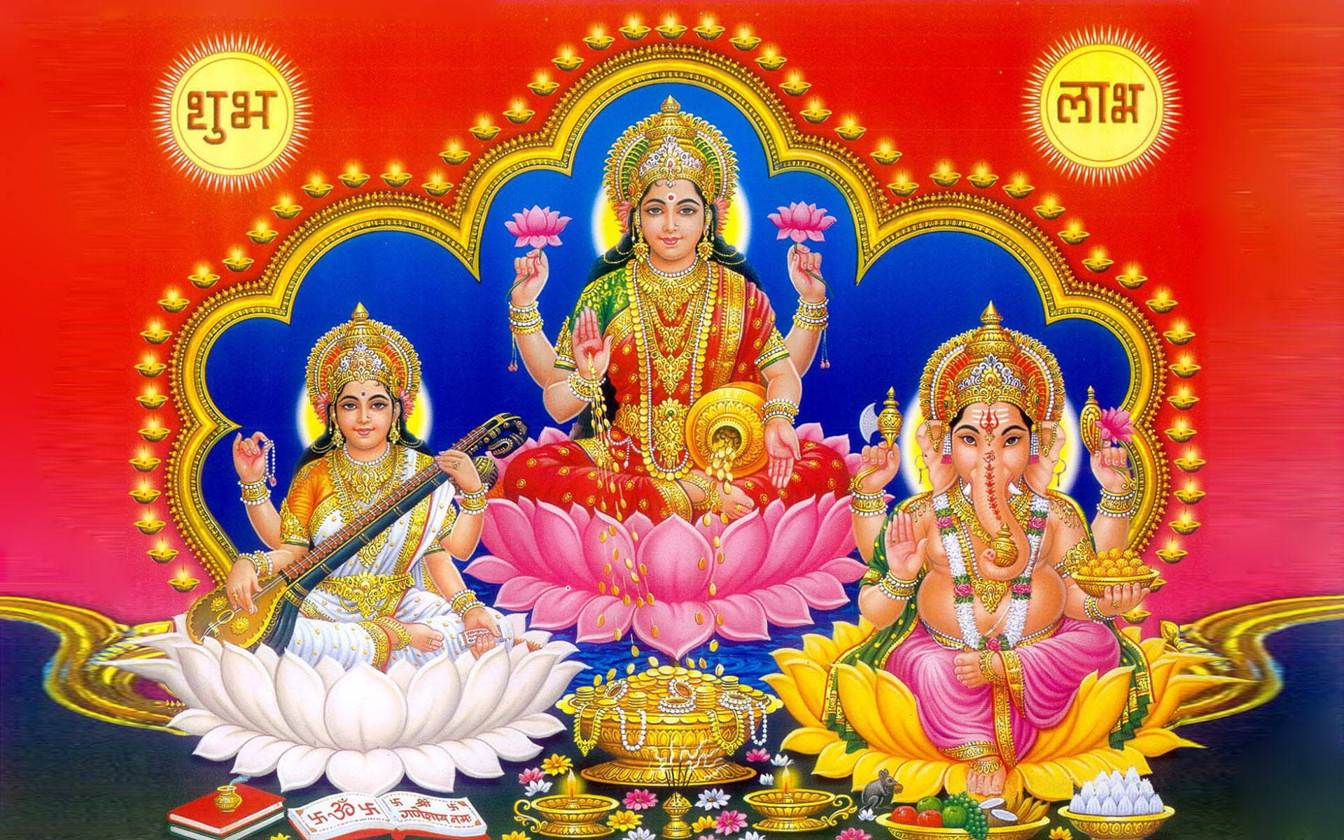Laxmi Ganesh Saraswati, red and blue, lotuses, Full HD Desktop Wallpaper