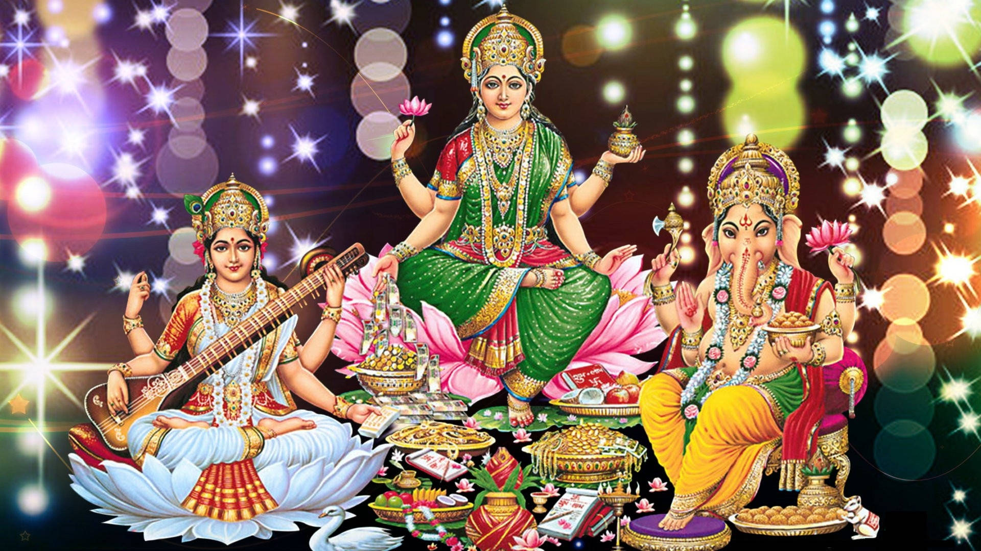 Laxmi Ganesh Saraswati, lotuses, glittering bokeh lights, Full HD Desktop Wallpaper