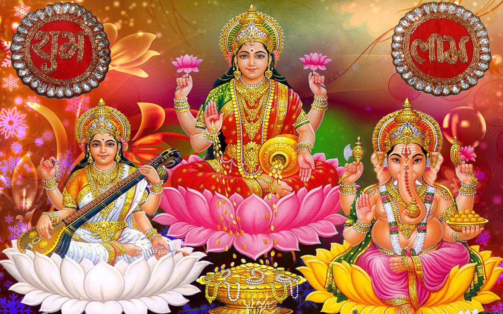 Laxmi Ganesh Saraswati, lotuses, jewels, HD Desktop Wallpaper