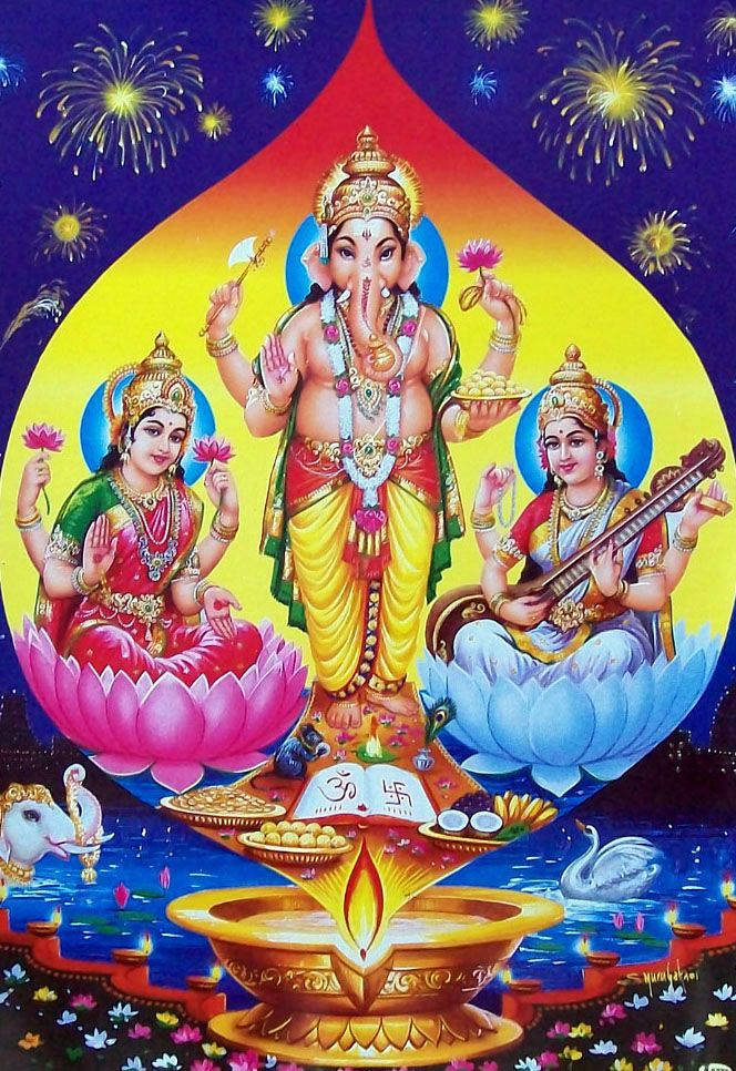 Laxmi Ganesh Saraswati, fireworks, lotuses, SD Phone Wallpaper