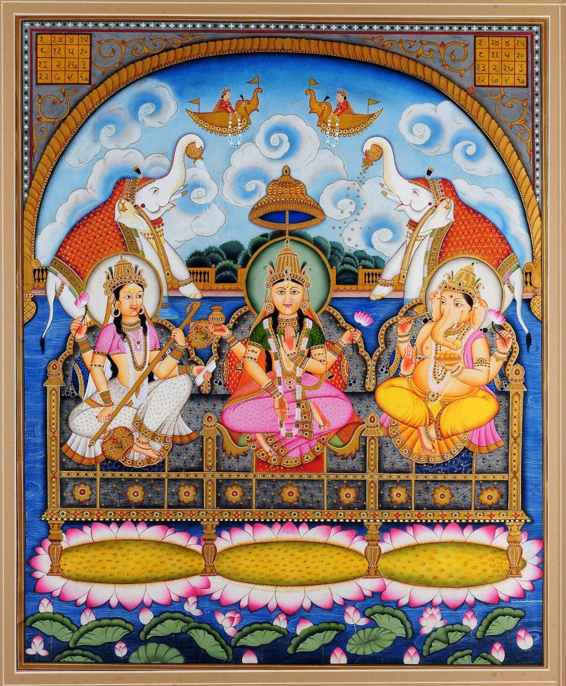 Laxmi Ganesh Saraswati, white elephants, jeweled throne, HD Phone Wallpaper