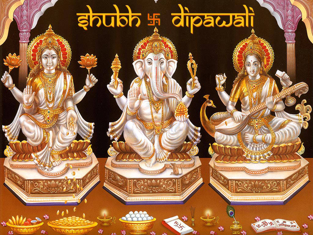 Laxmi Ganesh Saraswati, 3D art, golden thrones, SD Desktop Wallpaper