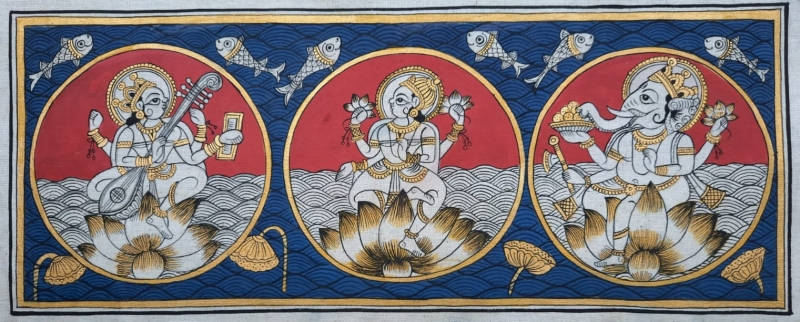 Laxmi Ganesh Saraswati, lotuses, circular frames, SD Desktop Wallpaper