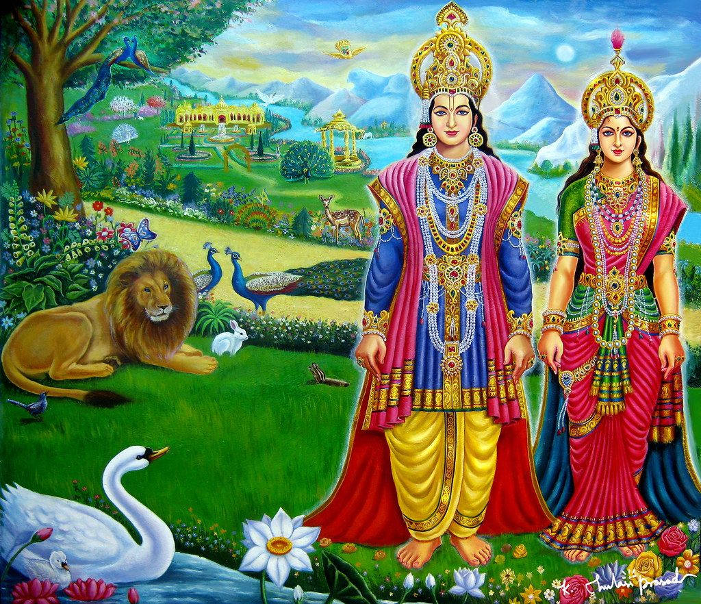 Laxmi Narayan, Hindu deities, lion swan deer, SD Desktop Wallpaper