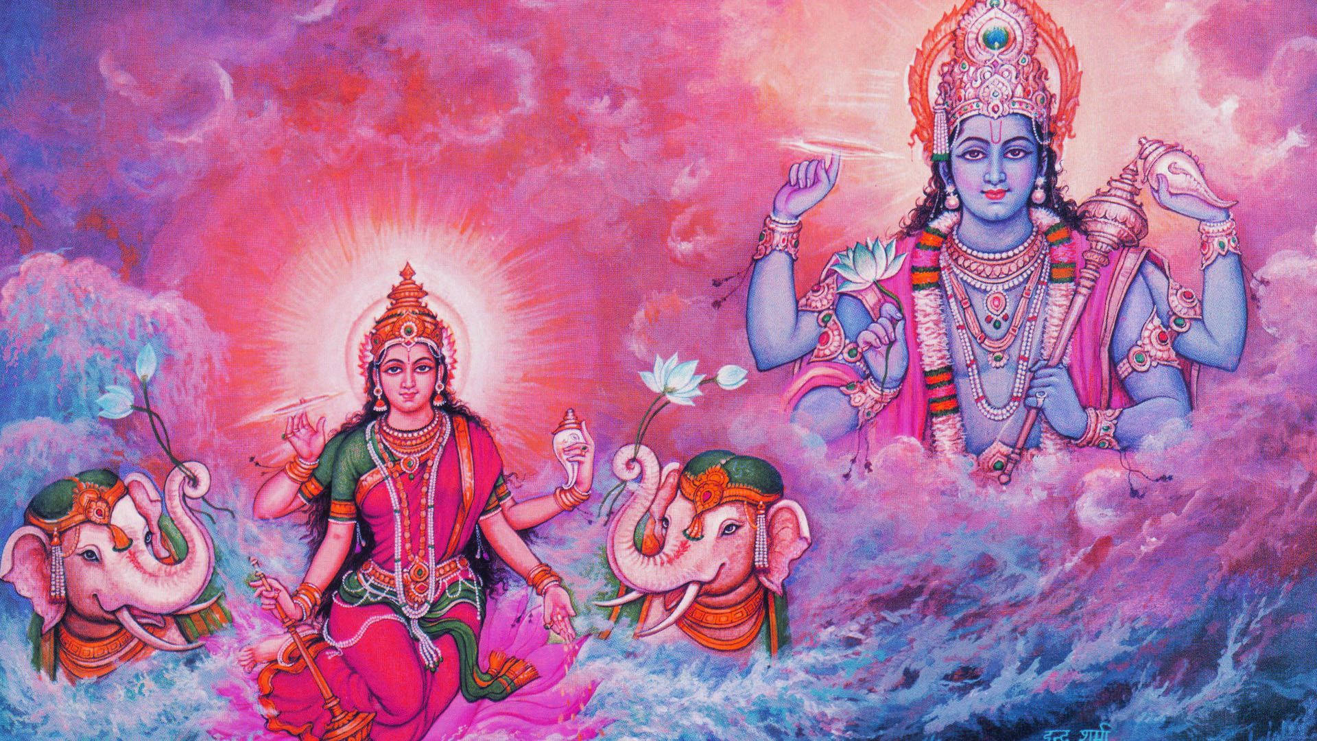 Laxmi Narayan, elephants, pink and purple clouds, Full HD Desktop Wallpaper