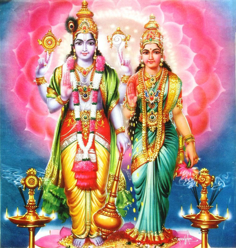 Laxmi Narayan, pink lotus, glowing oil lamps, SD Phone Wallpaper
