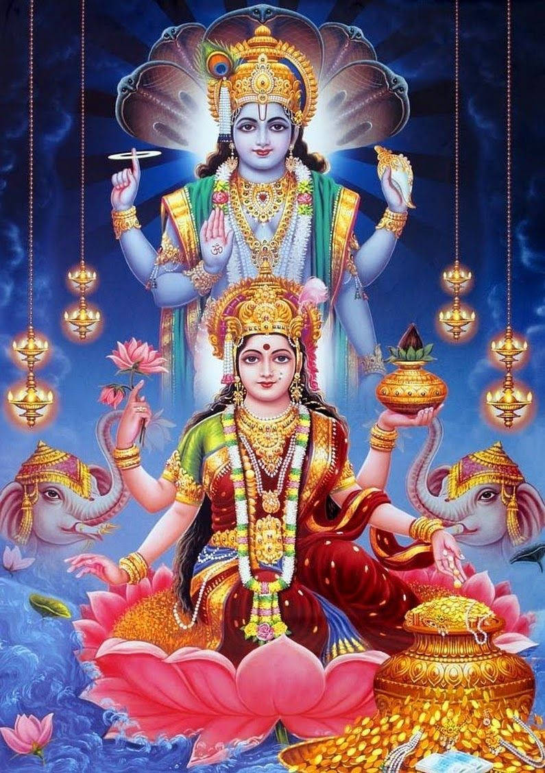 Laxmi Narayan, golden candles, lotus, SD Phone Wallpaper