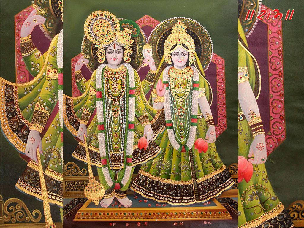 Laxmi Narayan, green aesthetic, ornate green and gold attire, SD Desktop Wallpaper