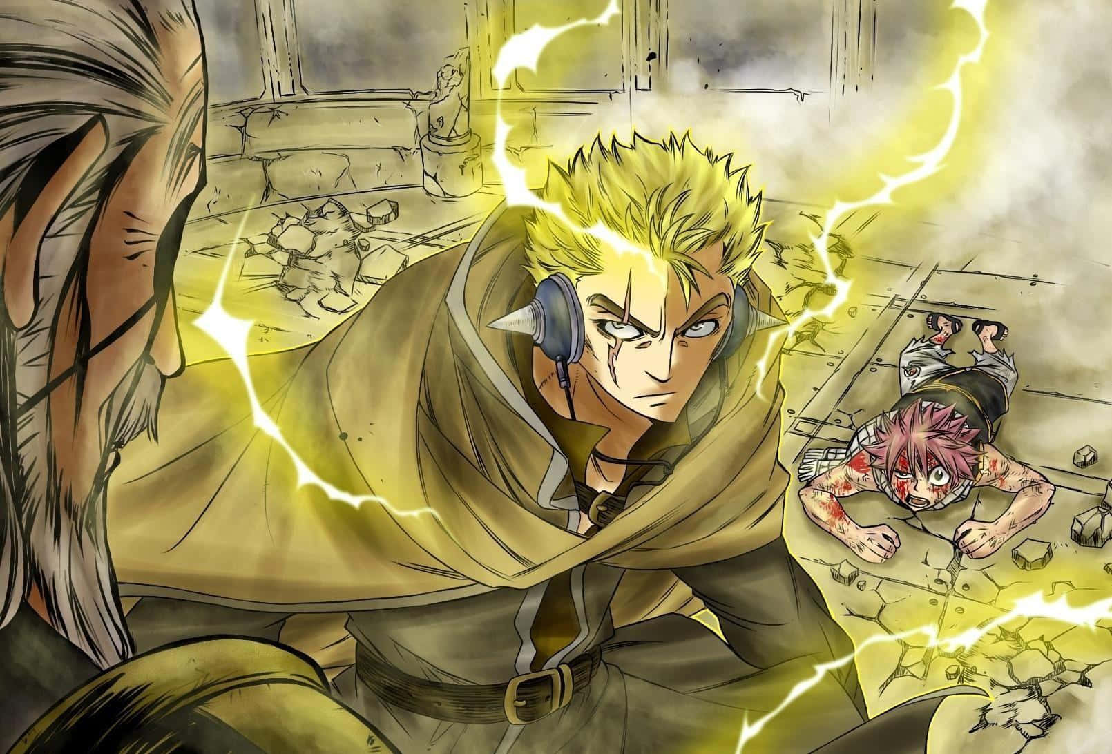 Laxus Dreyar, yellow lightning, shattered stone room, HD Desktop Wallpaper