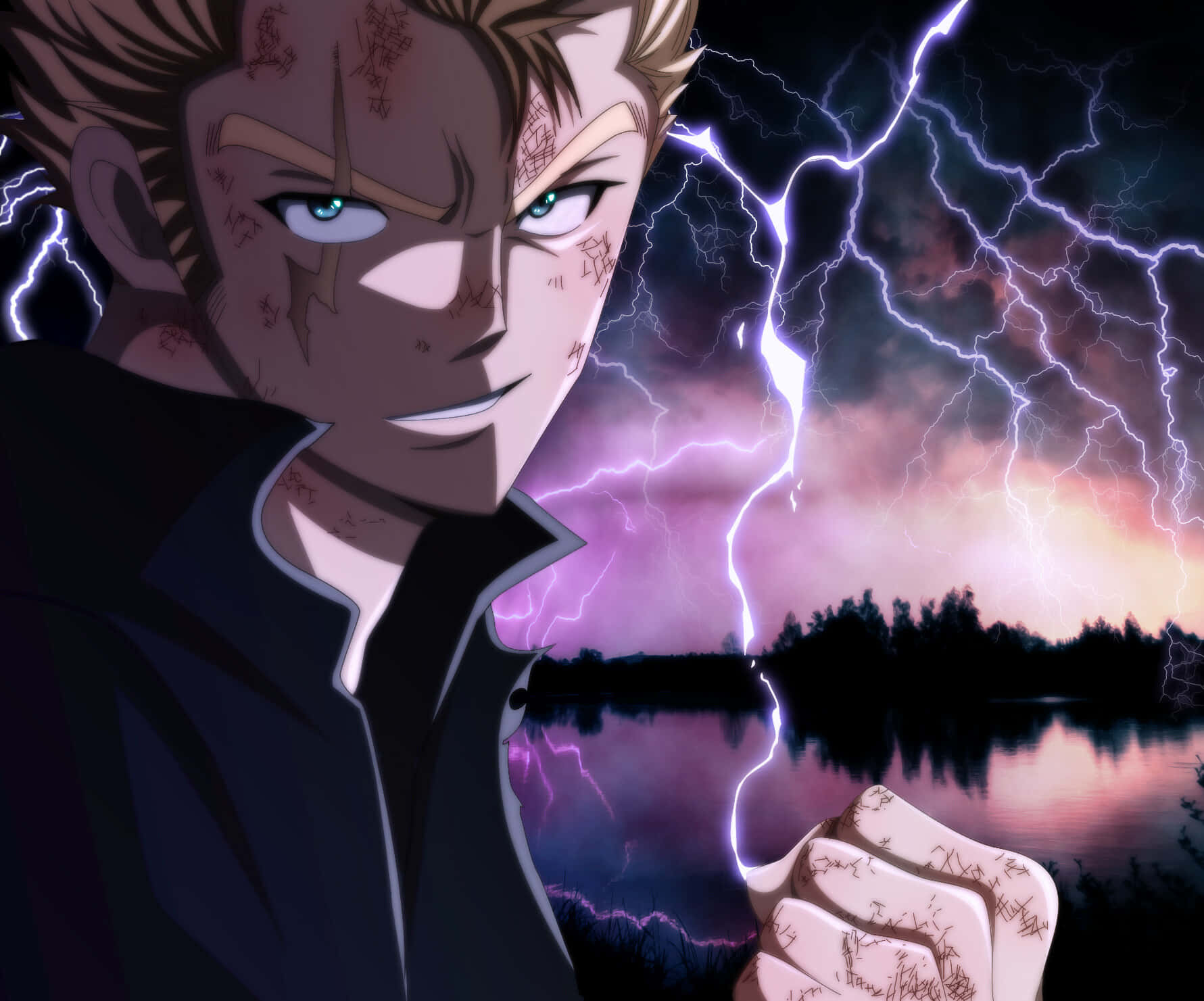 Laxus Dreyar, lightning tattoos, stormy lake, HD Desktop Wallpaper