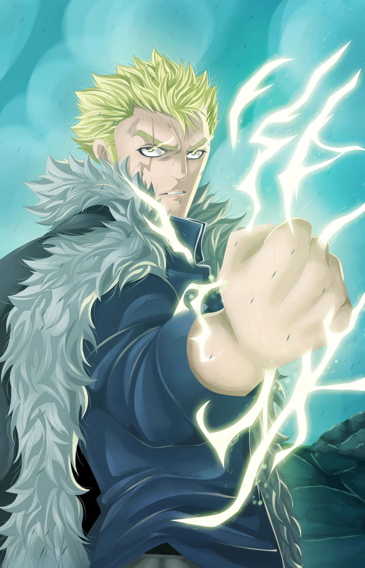 Laxus Dreyar, spiky-haired anime warrior, fur-lined coat, Full HD Phone Wallpaper