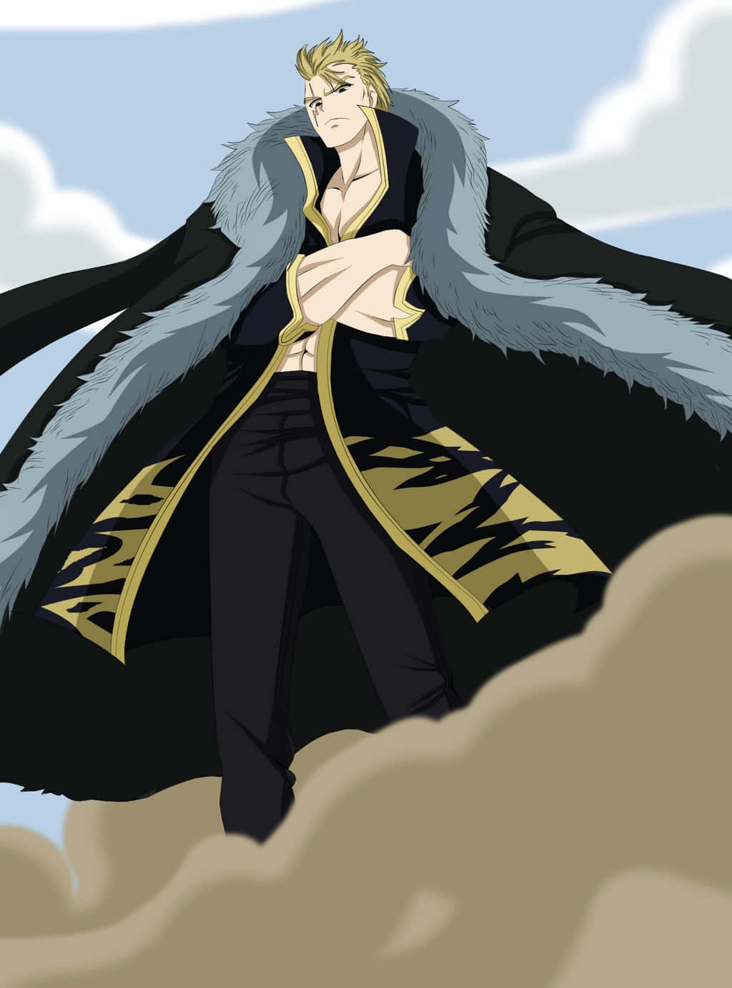 Laxus Dreyar, black fur-lined coat, clouds, HD Phone Wallpaper