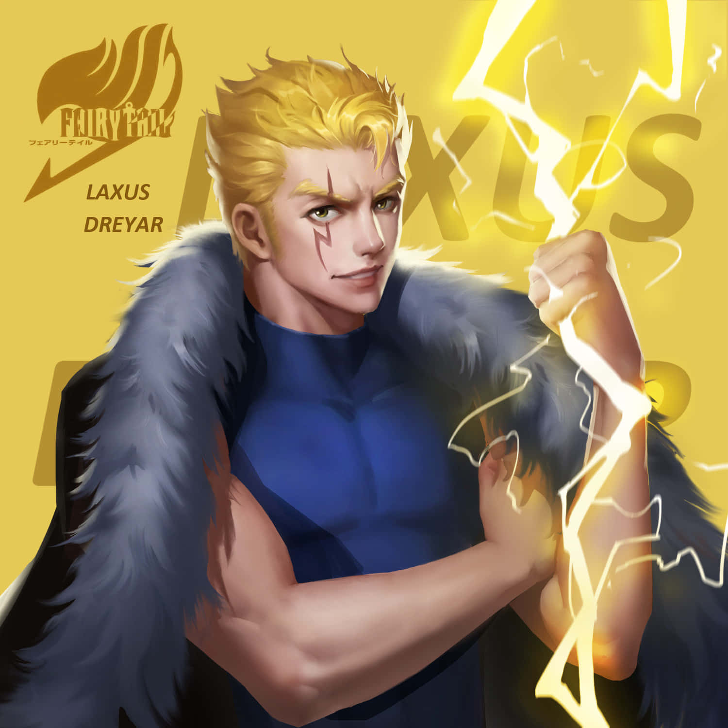 Laxus Dreyar, muscular blonde anime character, lightning crackling from his fist, HD Desktop Wallpaper