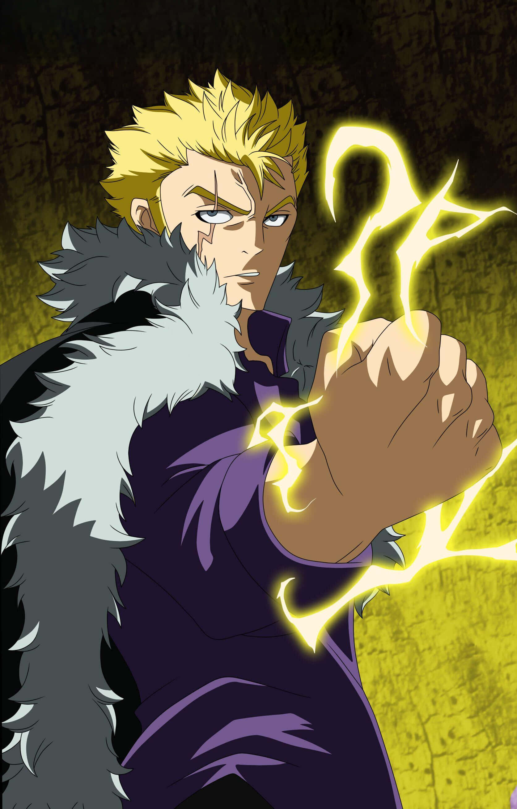 Laxus Dreyar, spiky blonde anime warrior, fur-lined coat, 2K Phone Wallpaper