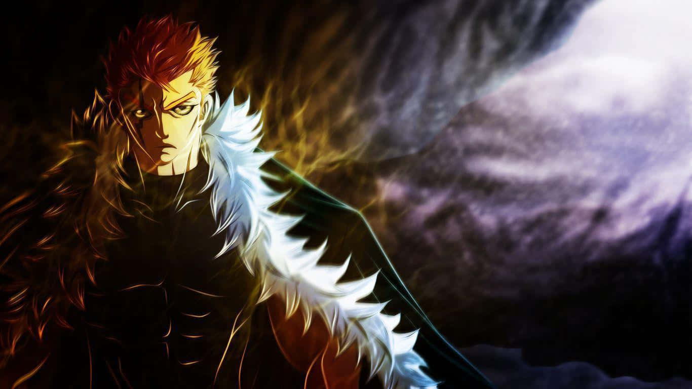 Laxus Dreyar, fiery-haired anime warrior, fur-lined coat, HD Desktop Wallpaper