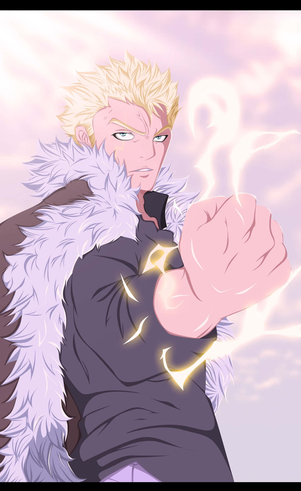 Laxus Dreyar, spiky blonde anime character, fur-lined coat, HD Phone Wallpaper