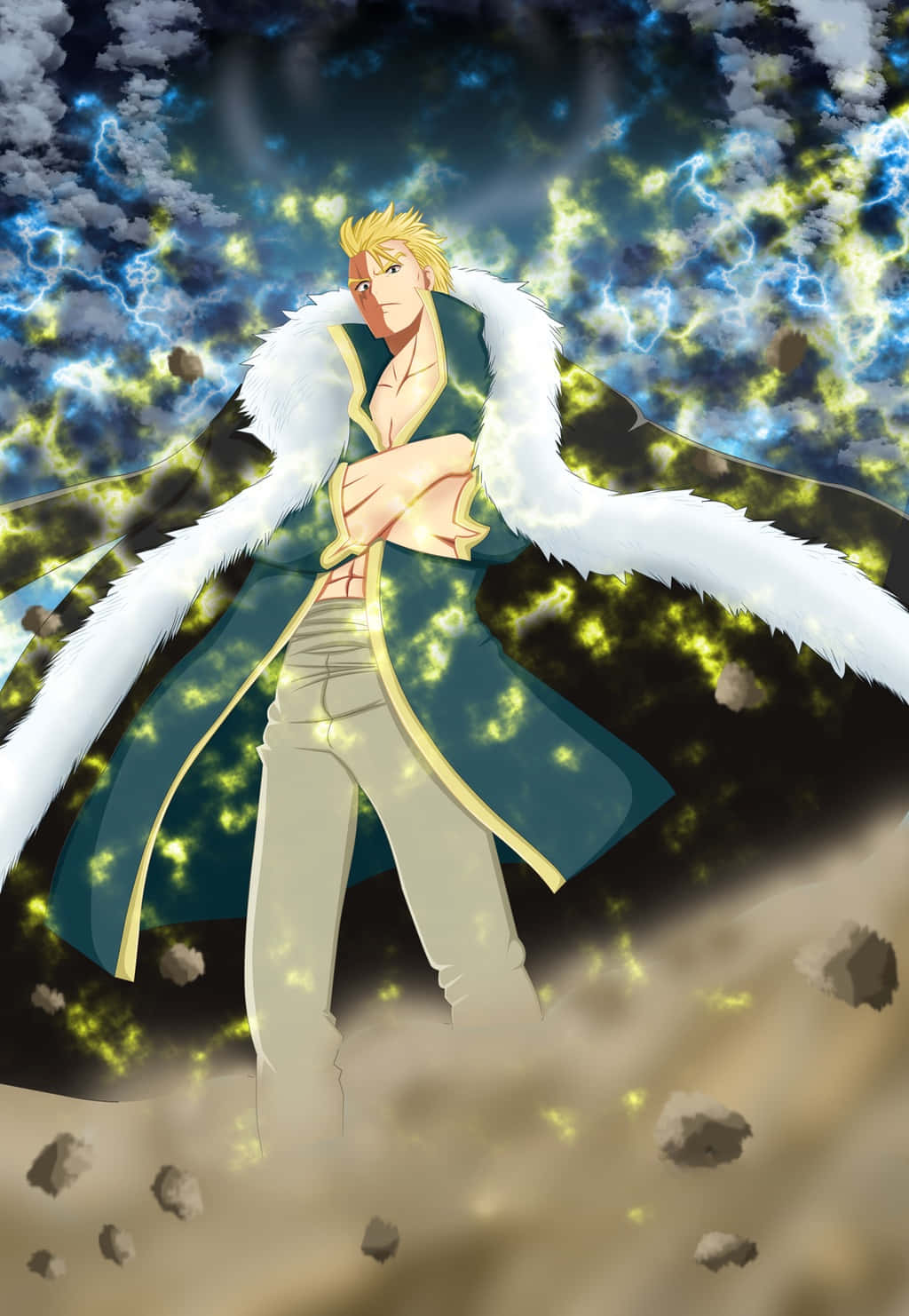 Laxus Dreyar, white-furred coat, glowing yellow energy, HD Phone Wallpaper