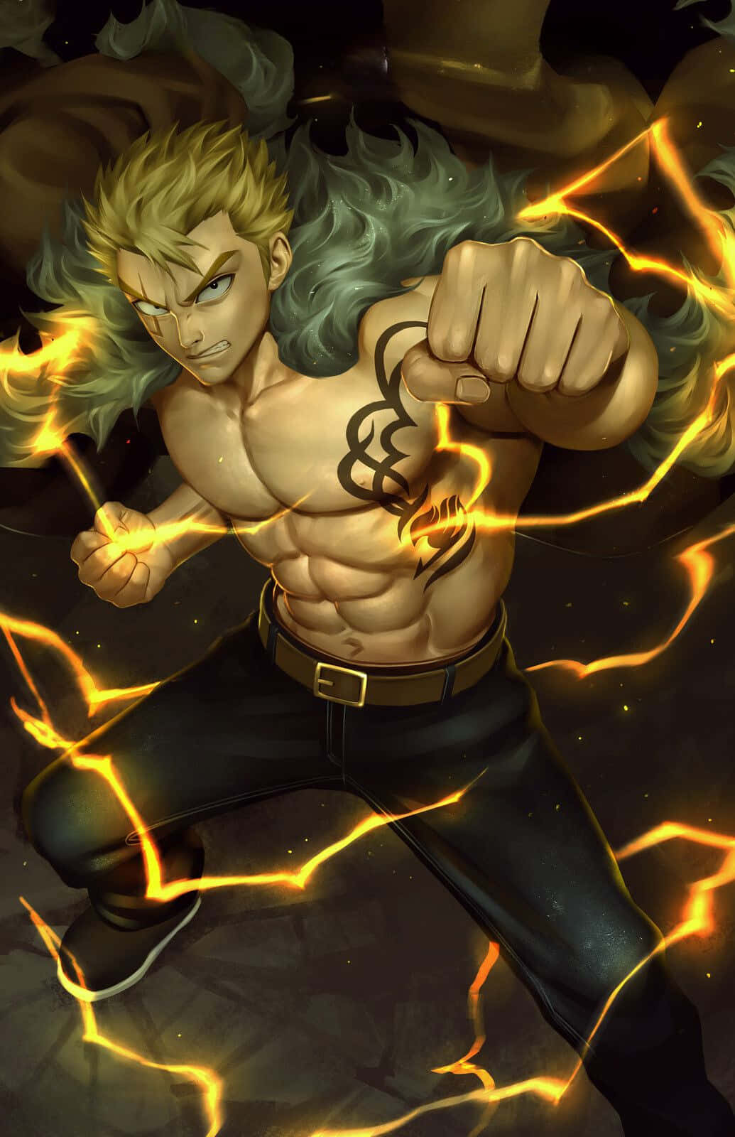 Laxus Dreyar, glowing yellow lightning, muscular anime warrior, HD Phone Wallpaper
