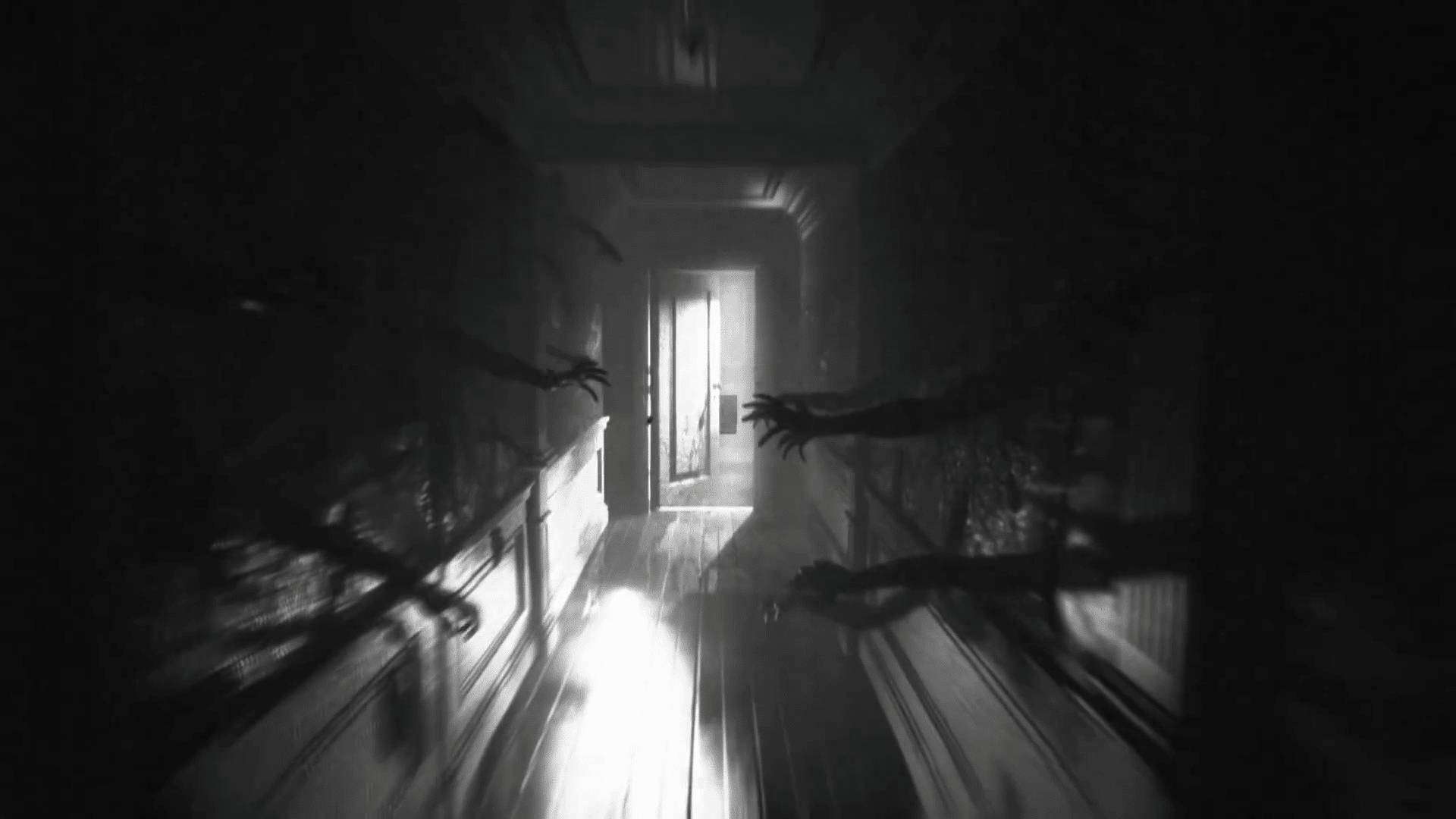 Layers Of Fear, hands out from walls, black and white horror hallway, Full HD Desktop Wallpaper