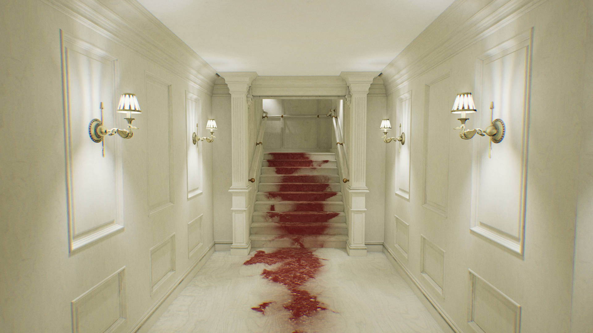 Layers Of Fear, blood stained hallway, staircase, Full HD Desktop Wallpaper