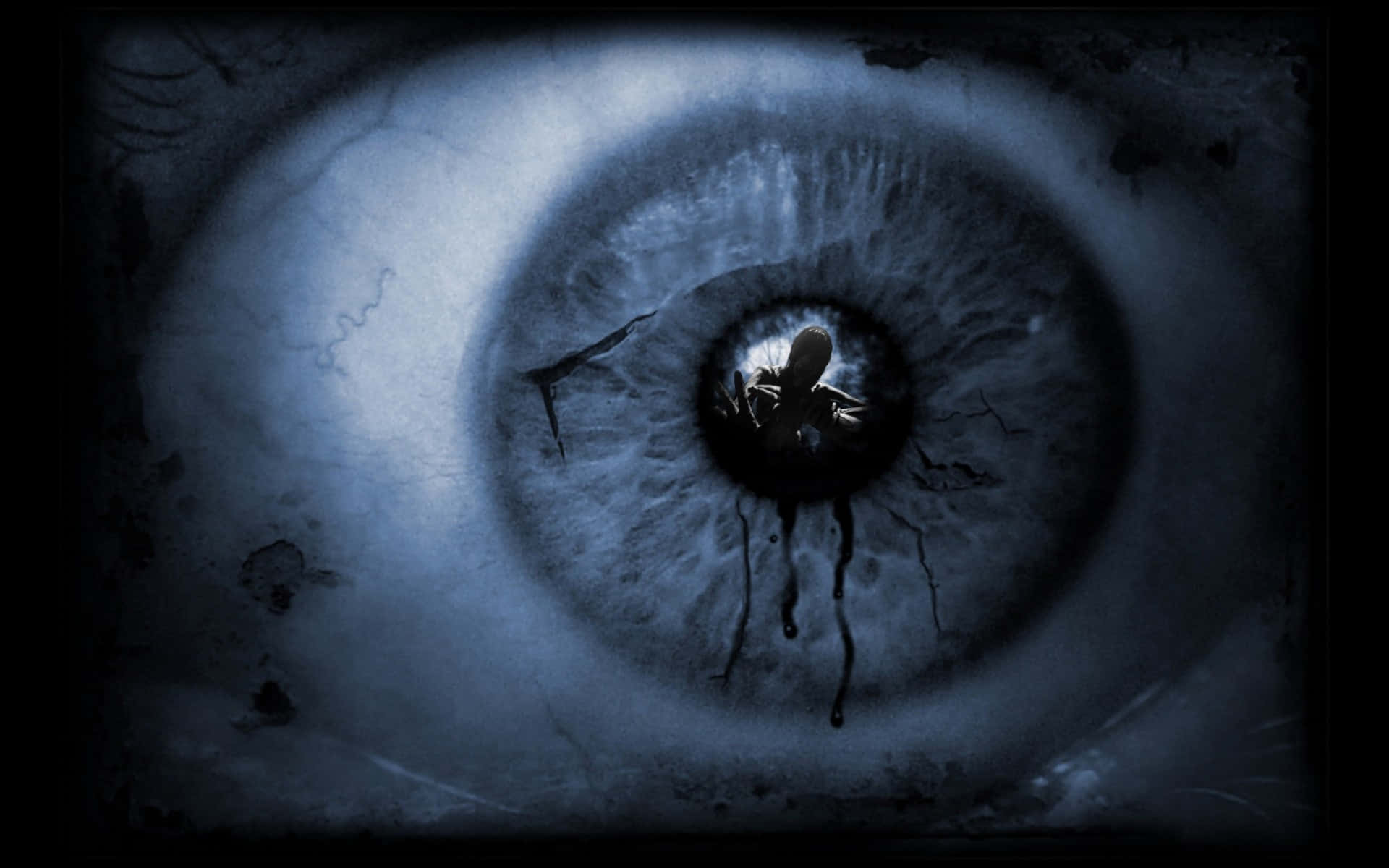 giant cracked blue eye, shadowy figure dripping from pupil, haunting close-up, Full HD Desktop Wallpaper