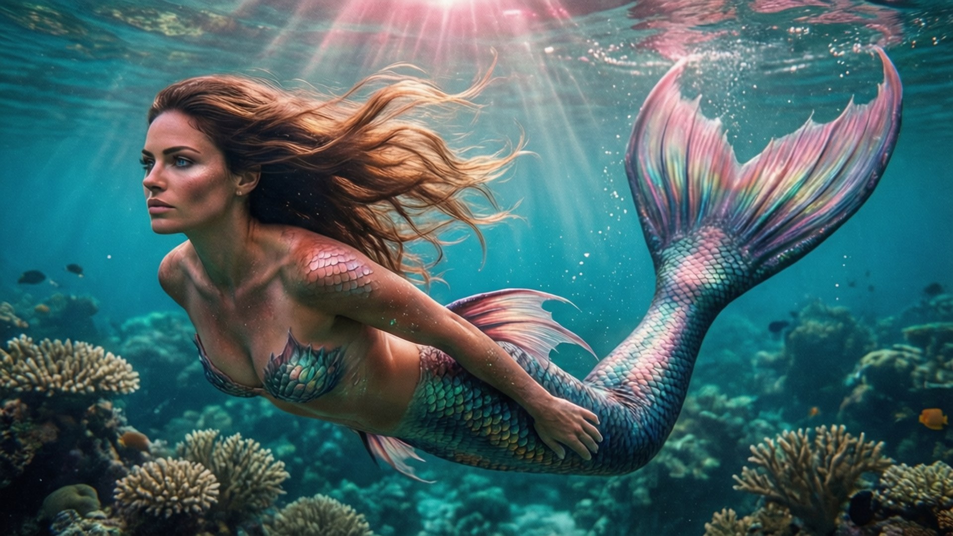 Laysla De Oliveira, mermaid, coral reef, Full HD Desktop Wallpaper