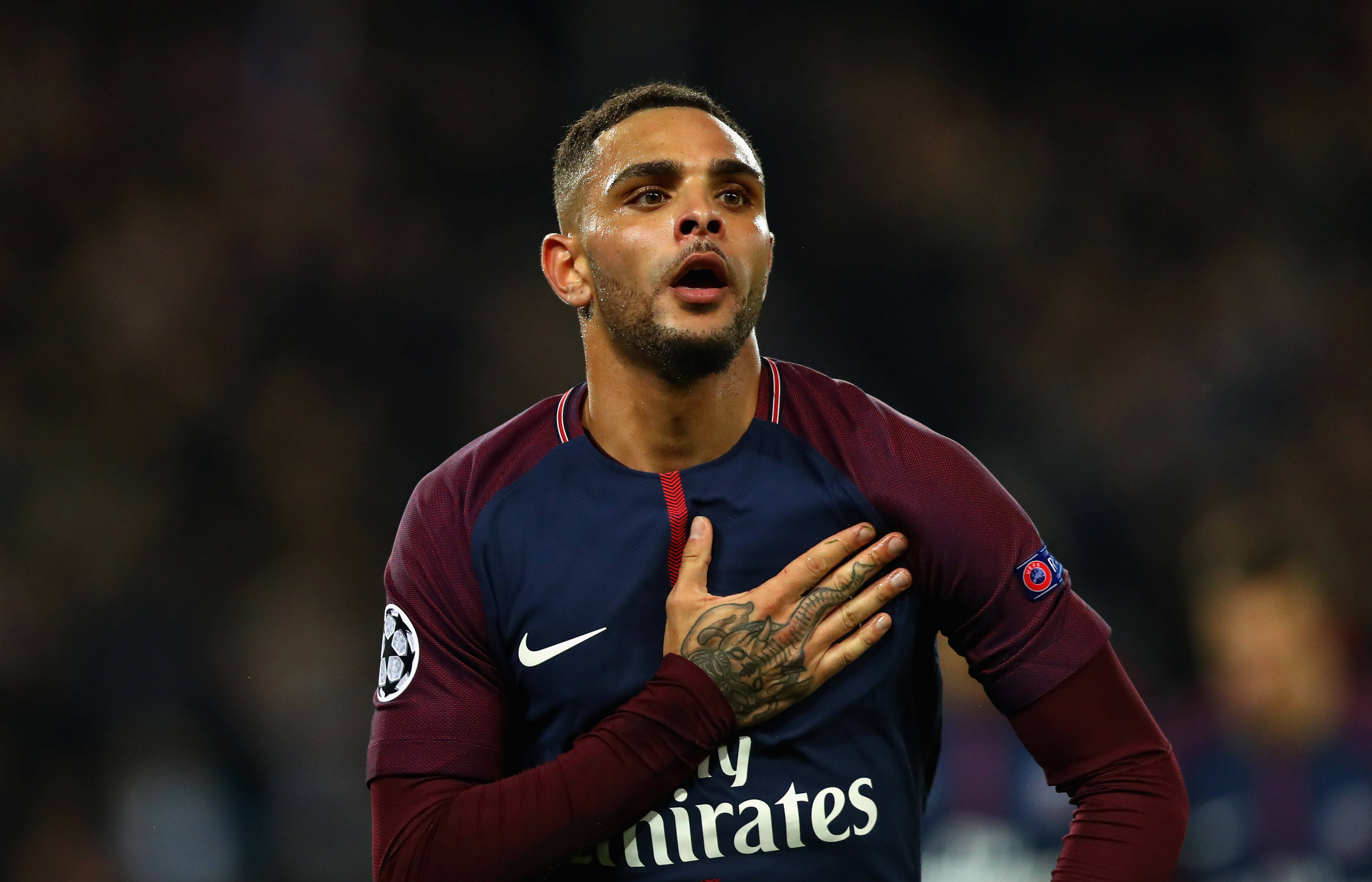 Layvin Kurzawa, maroon and blue jersey, tattooed hand, 4K Desktop Wallpaper