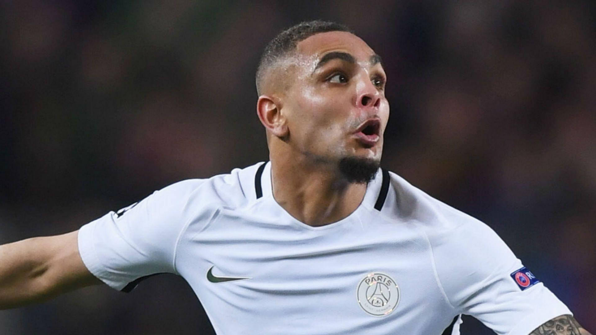 Layvin Kurzawa, white Paris Saint-Germain jersey, stadium lights, Full HD Desktop Wallpaper
