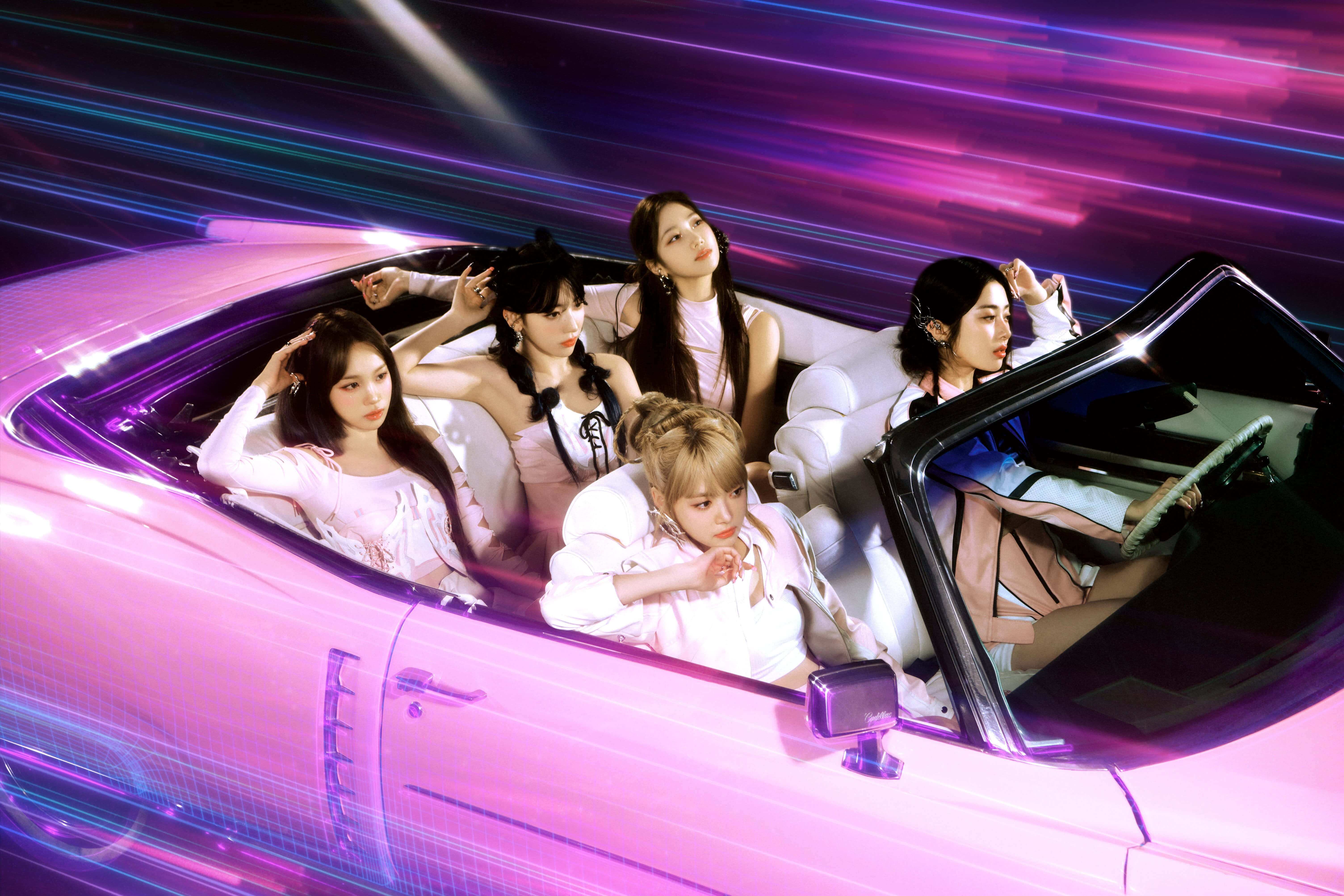 Le Sserafim, glowing pink convertible, neon-lit cyberpunk tunnel, 5K Desktop Wallpaper