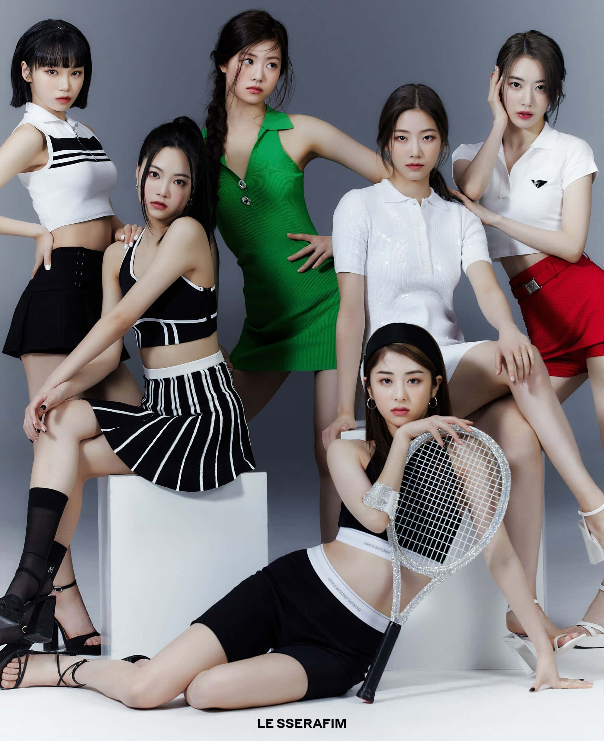 Le Sserafim, elegant group pose, six stylish women, Full HD Phone Wallpaper