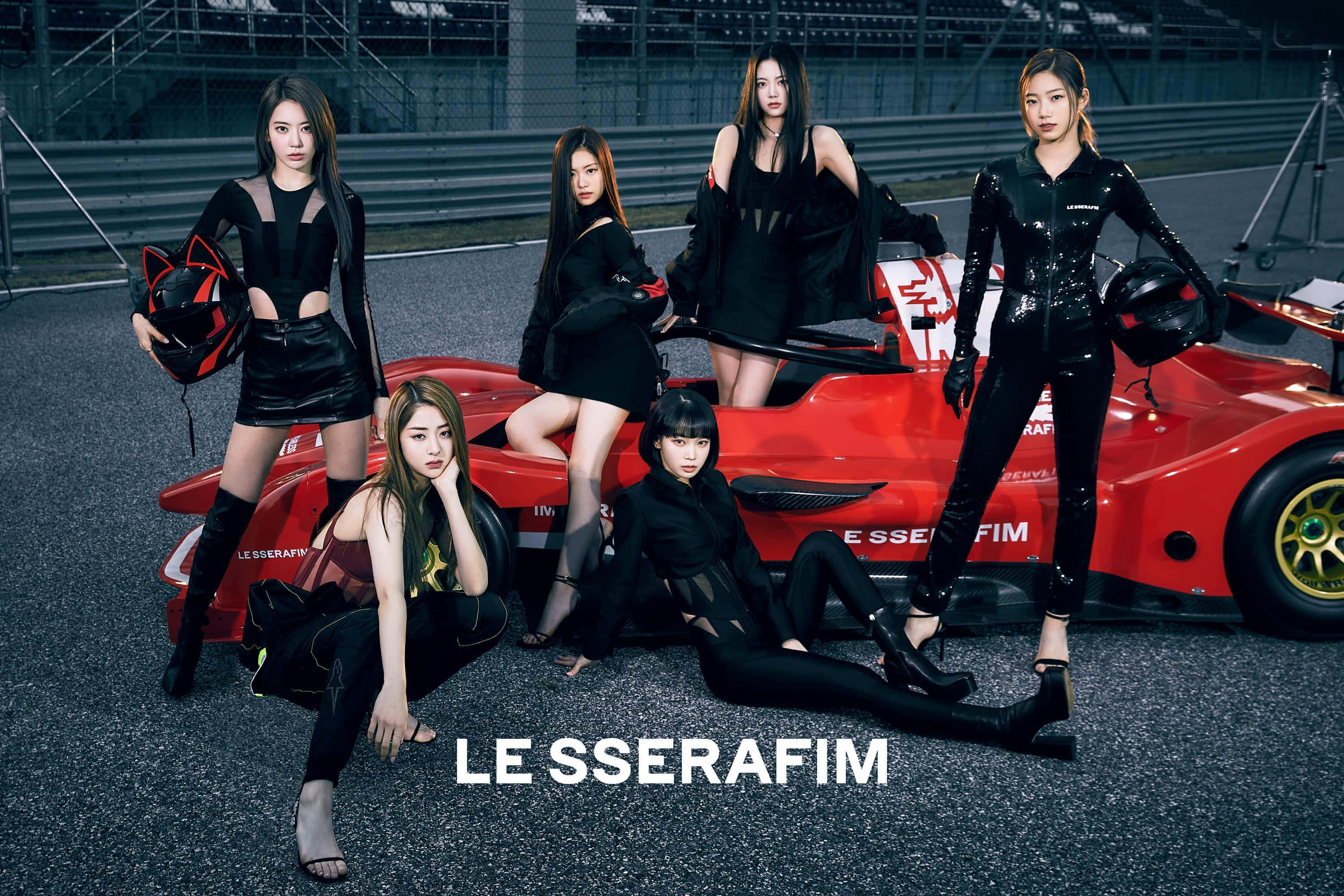 Le Sserafim, red race car, track, 2K Desktop Wallpaper