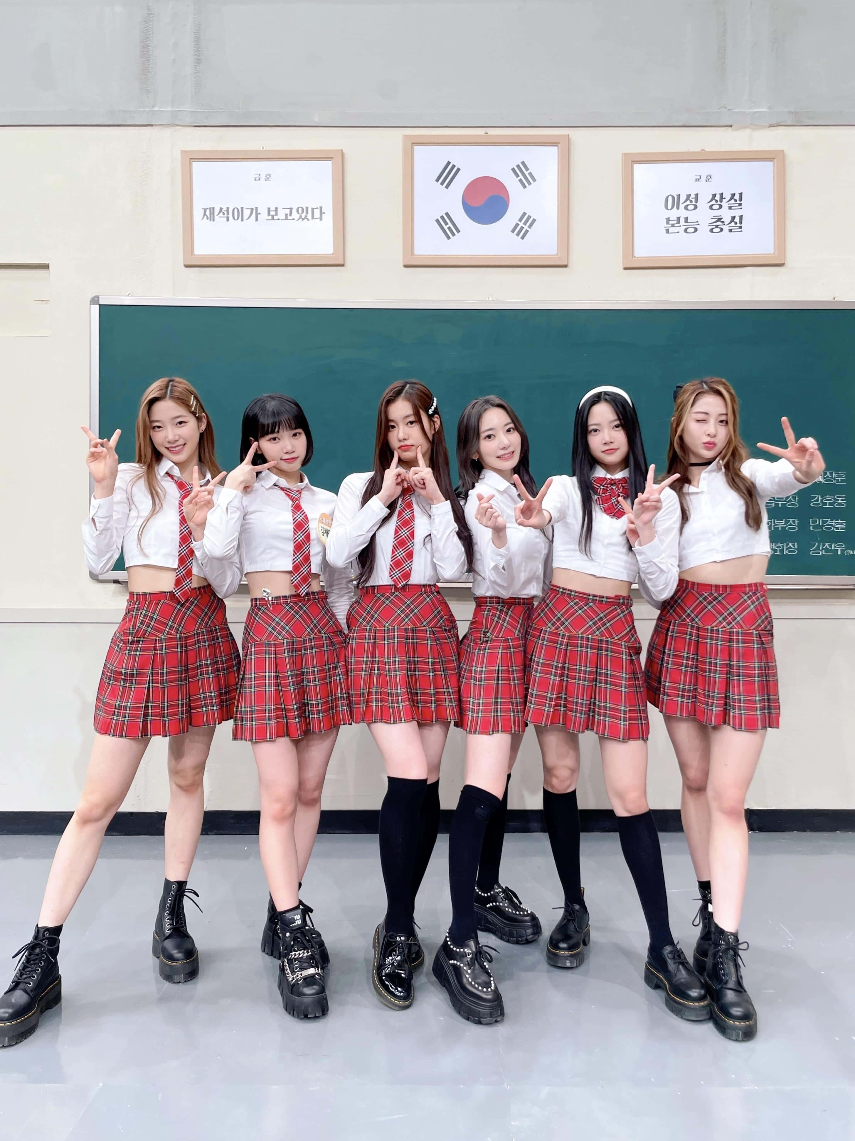 Le Sserafim, red plaid skirts, white crop tops, 4K Phone Wallpaper