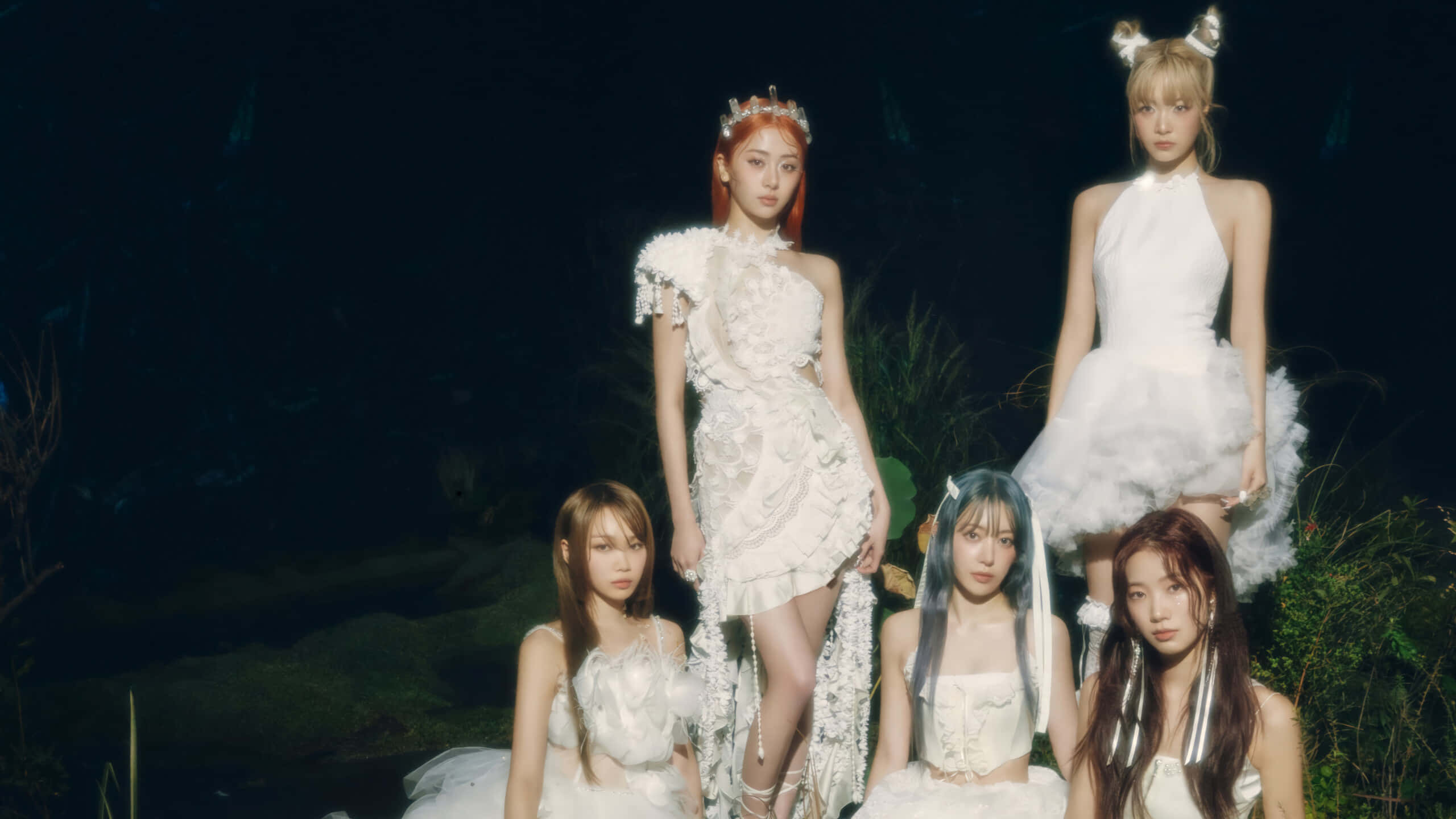 Le Sserafim, ornate white dresses, dark forest at night, 2K Desktop Wallpaper