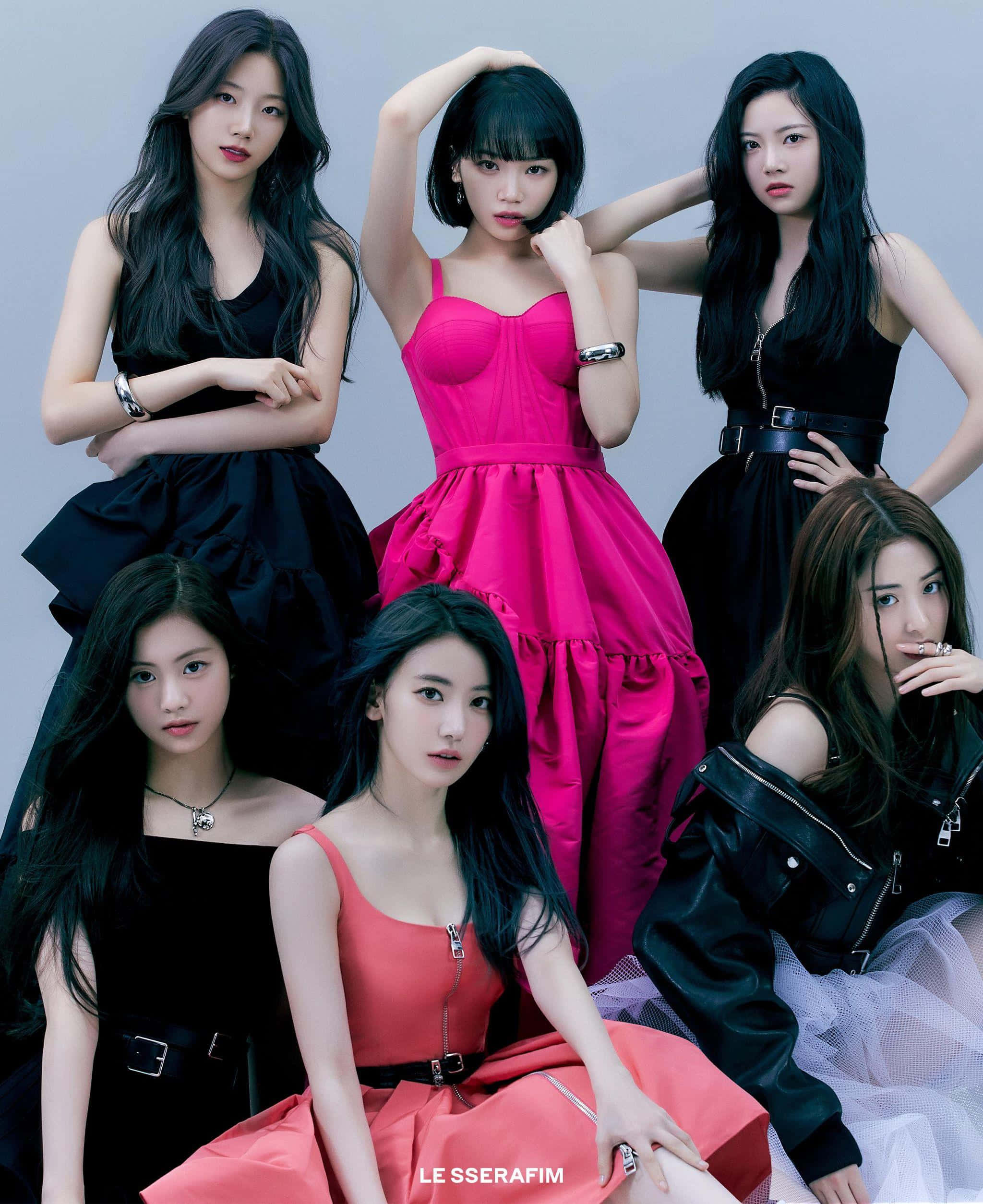 Le Sserafim, black and pink outfits, five stylish women, Full HD Phone Wallpaper