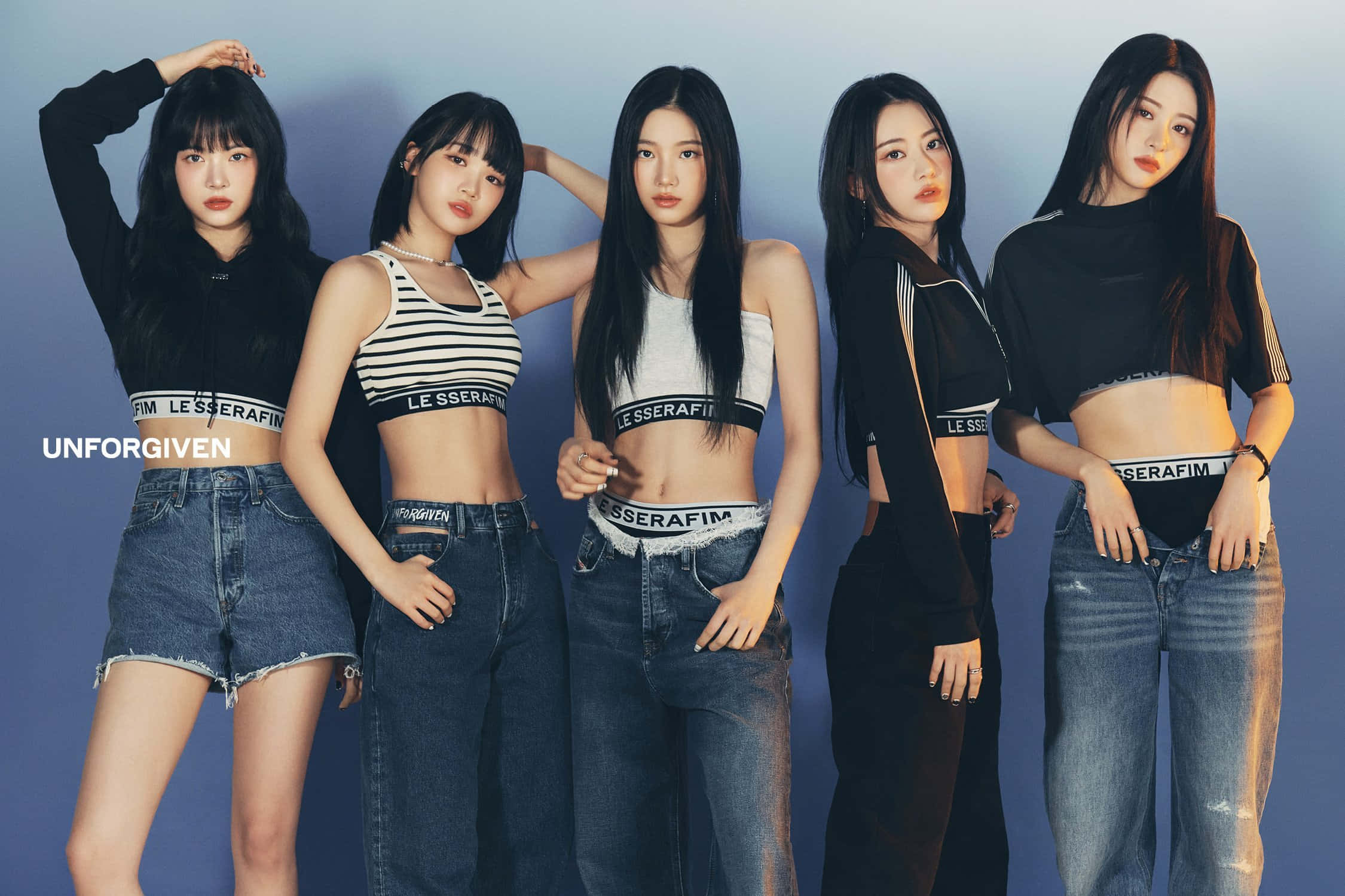 Le Sserafim, group pose, branded crop tops, Full HD Desktop Wallpaper