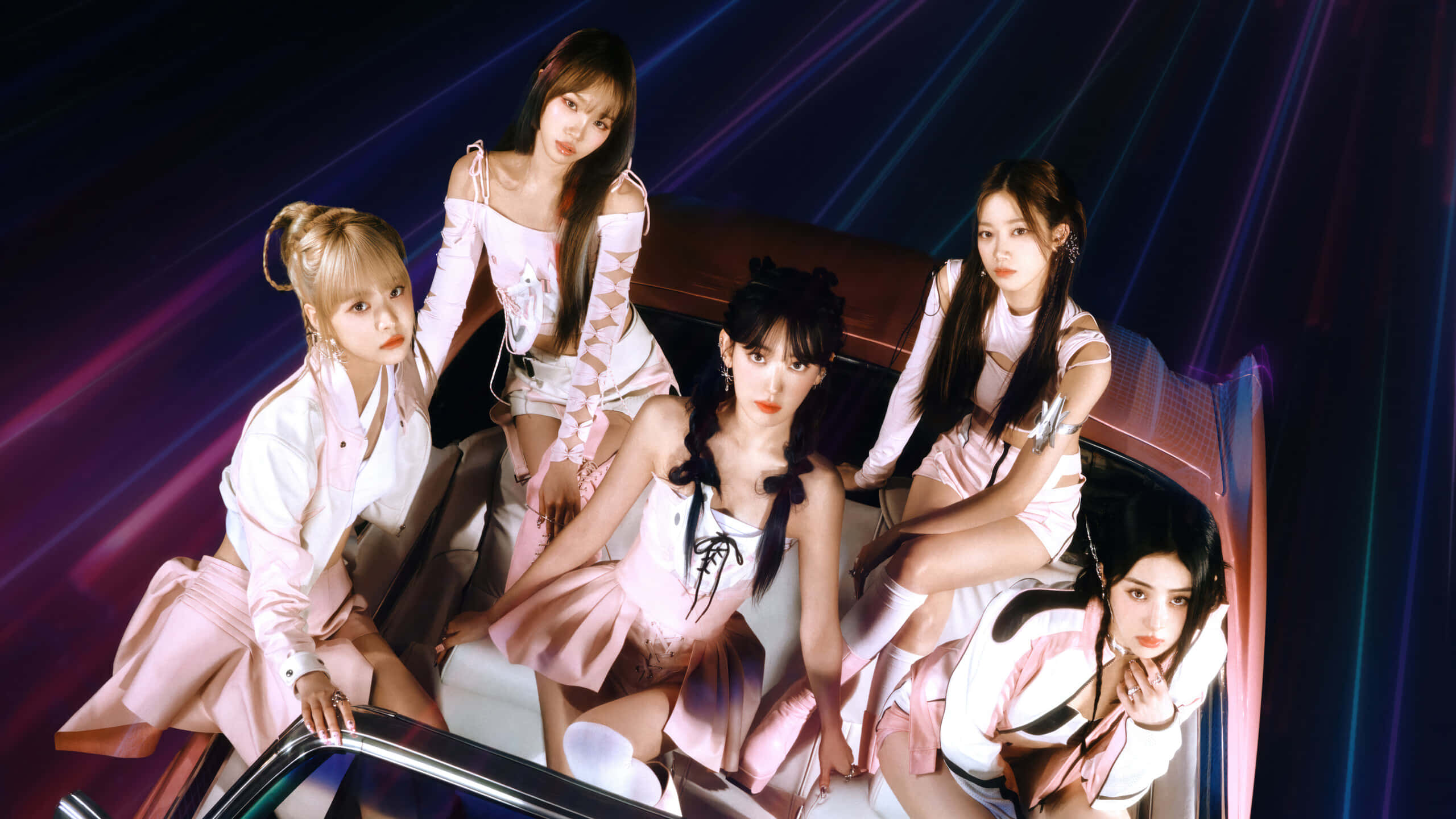 Le Sserafim, pink outfits, futuristic car, 2K Desktop Wallpaper