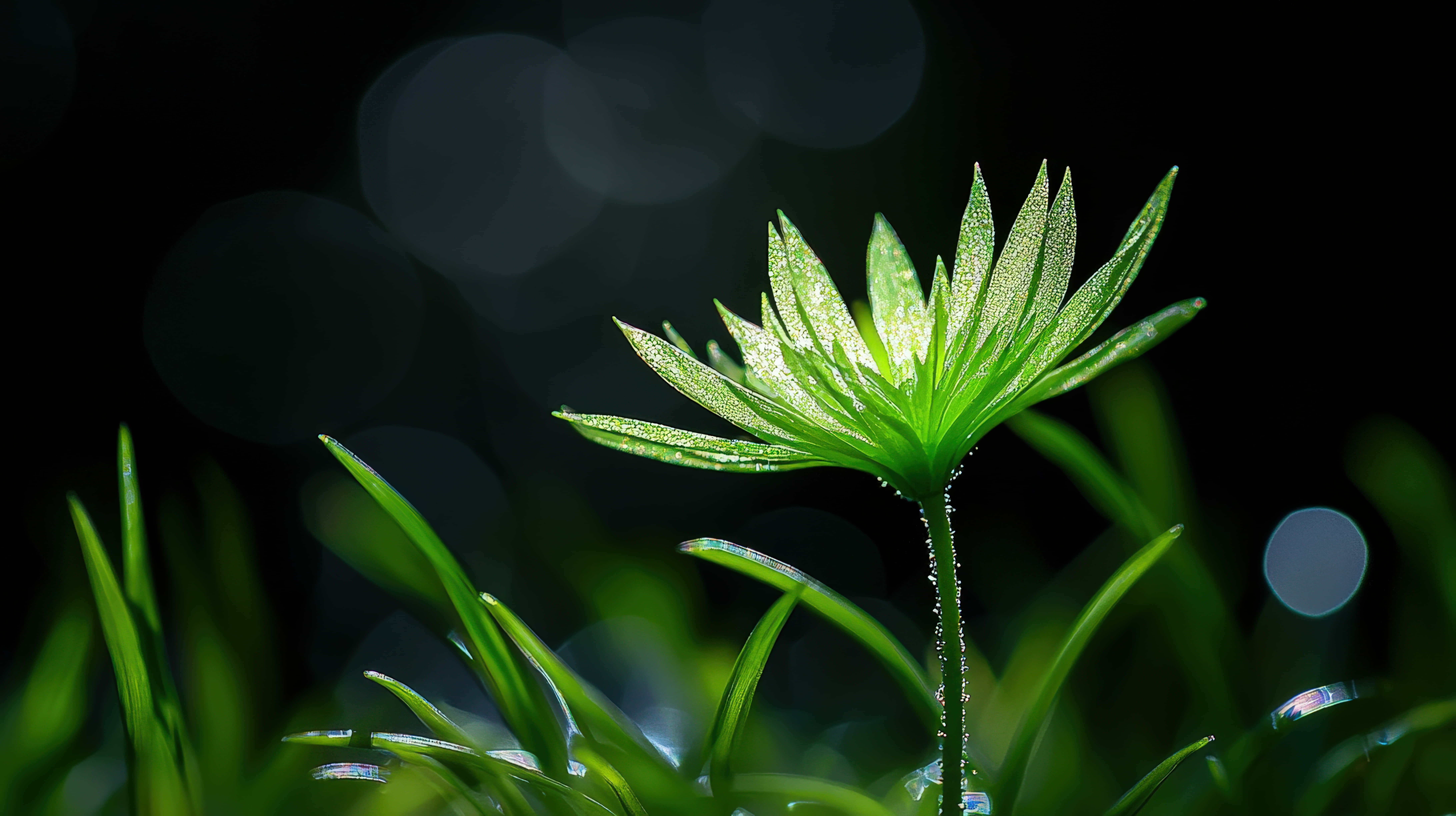 dewy green plant, dark blurred background, soft bokeh lights, 8K Desktop Wallpaper
