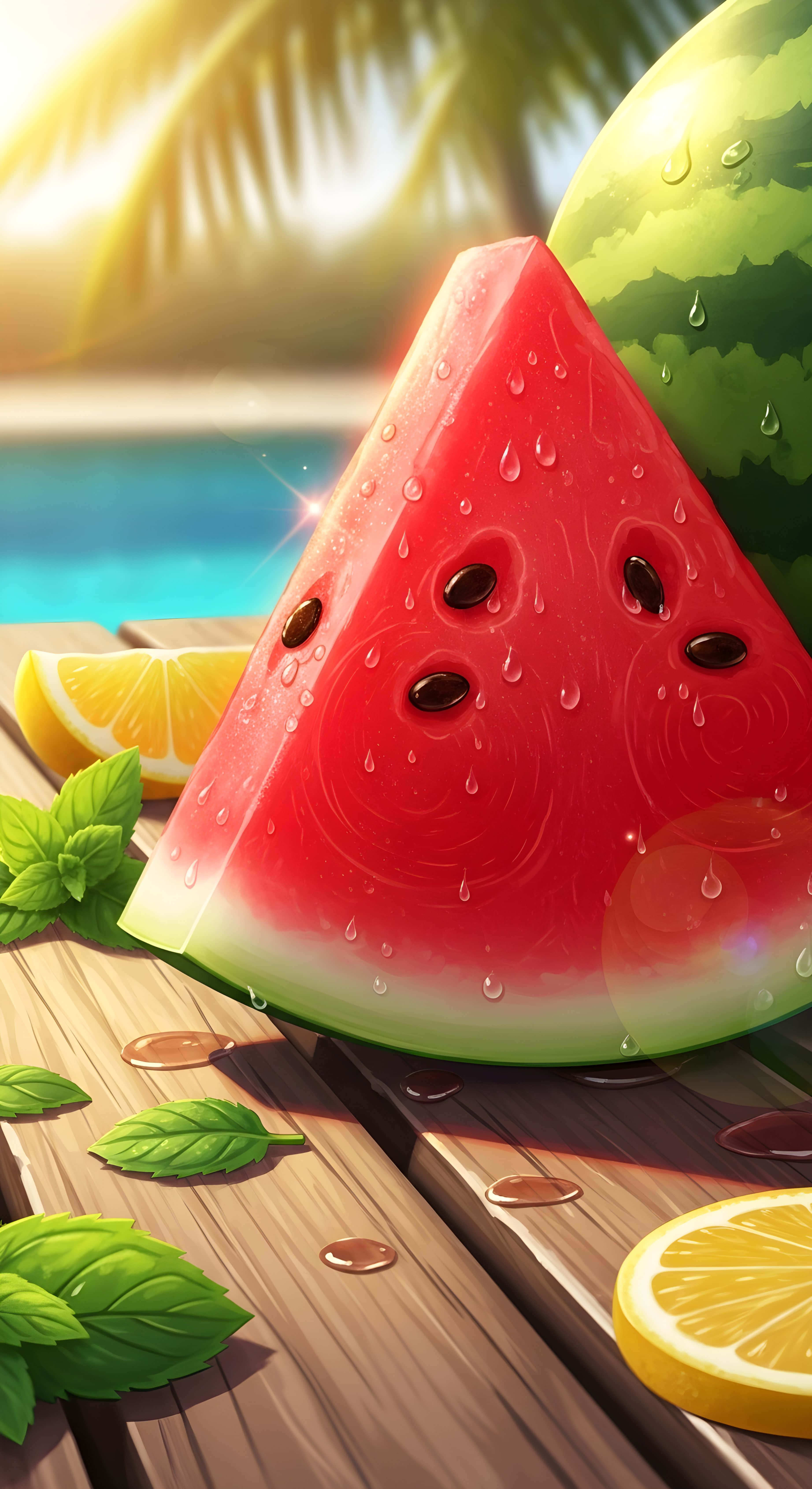summer melon glow, watermelon slice, dewdrops, 5K Phone Wallpaper