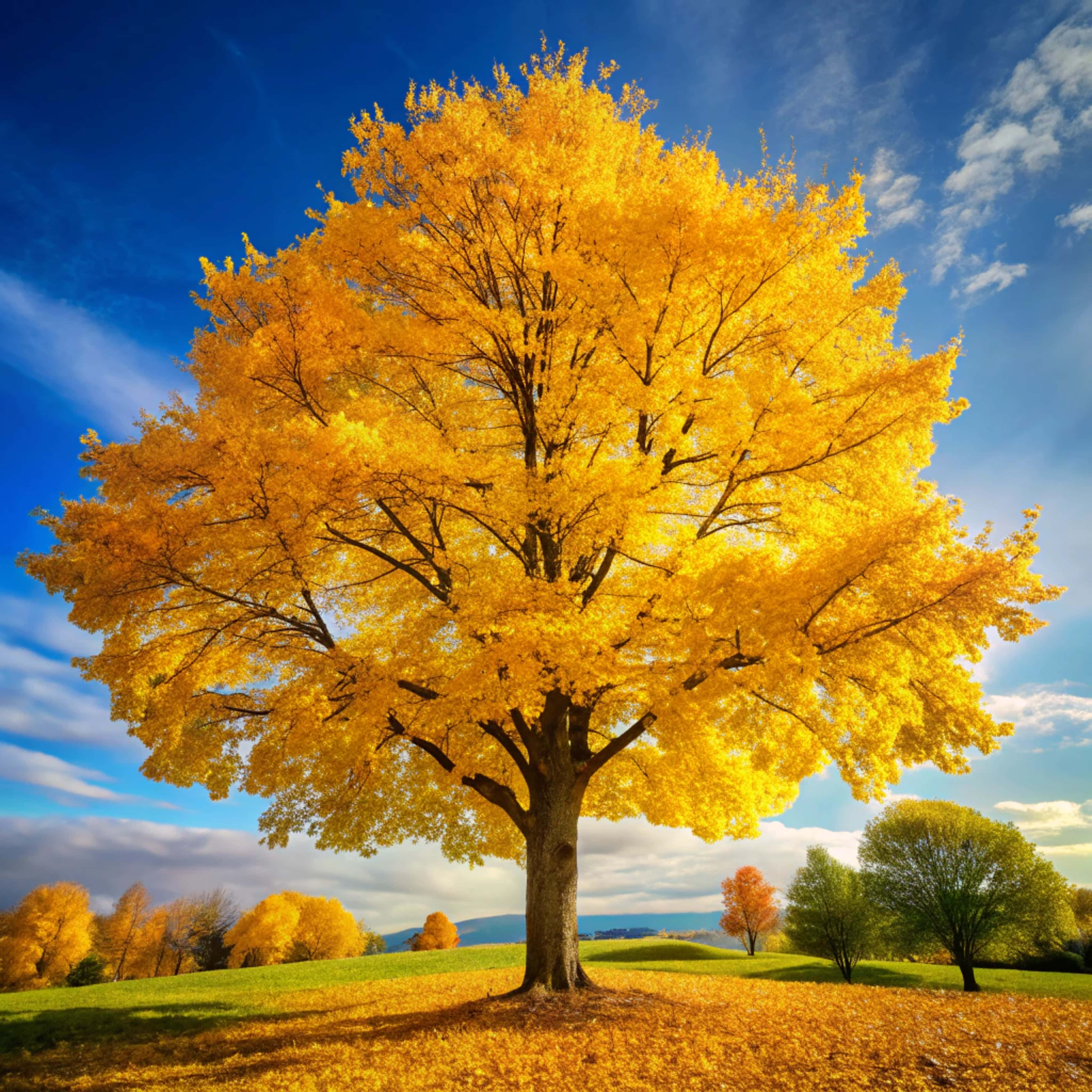 golden tree, sunlit field, vibrant blue sky, 4K Desktop Wallpaper