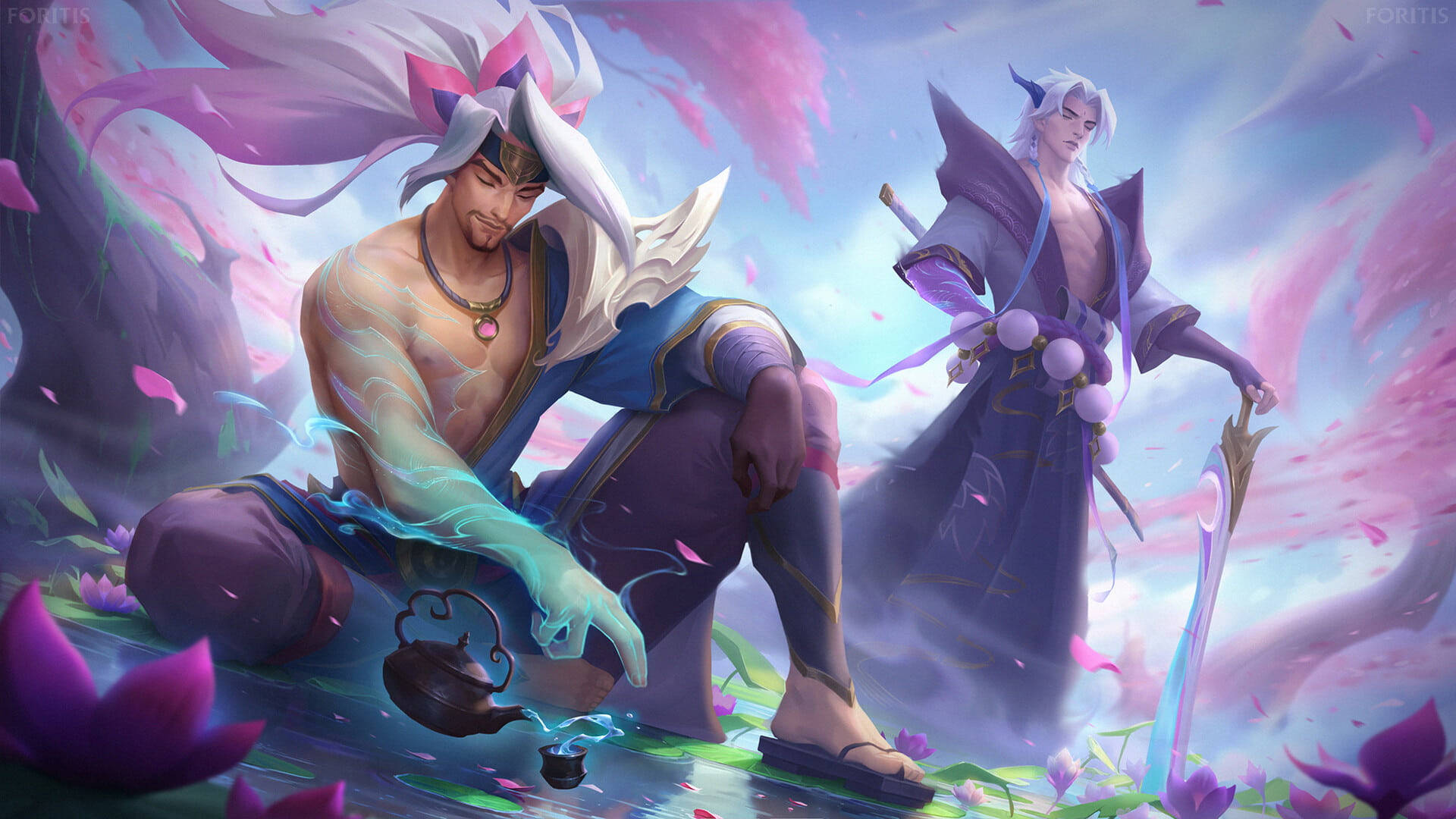 League Of Legends Android, anime-style warriors, floating pink petals, Full HD Desktop Wallpaper