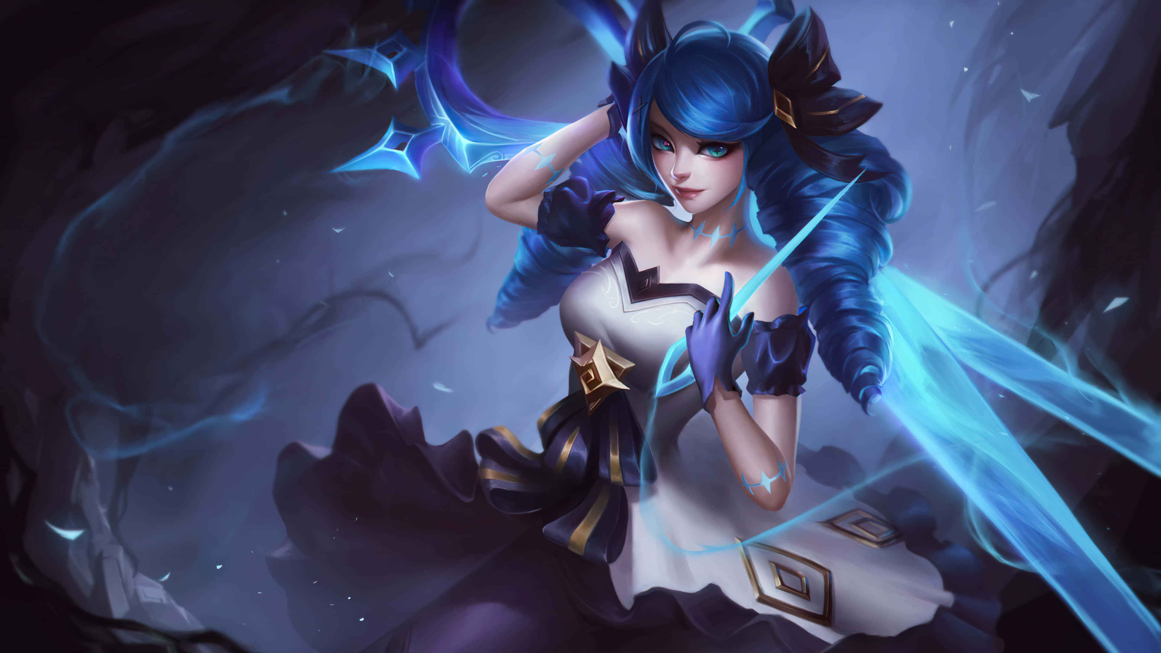 League Of Legends, blue-haired anime warrior, white and black dress, 4K Desktop Wallpaper